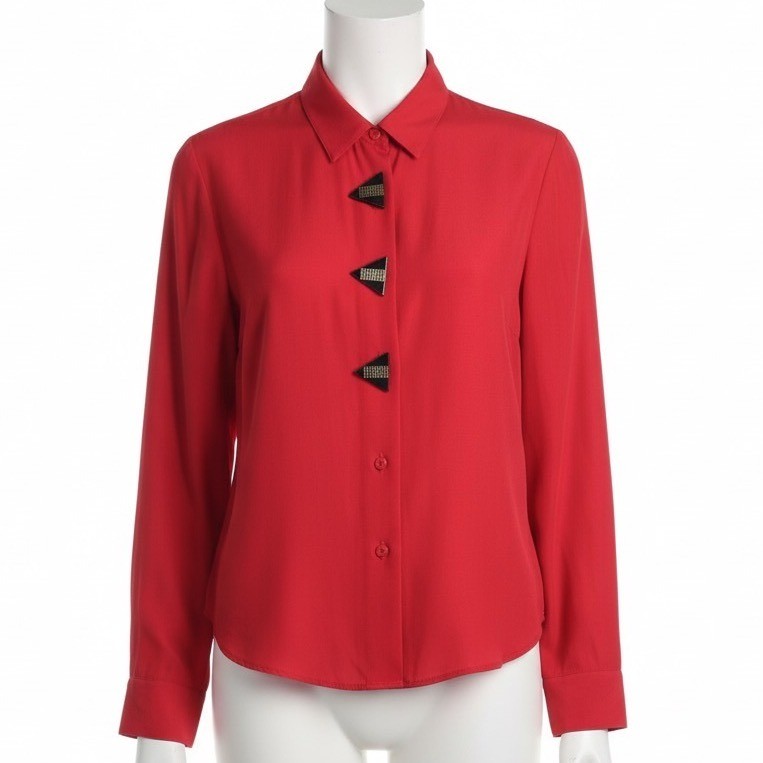 Vintage Anxiety Red Blouse Black Gold Trim Triangle Buttons 80s 90s Retro Party
