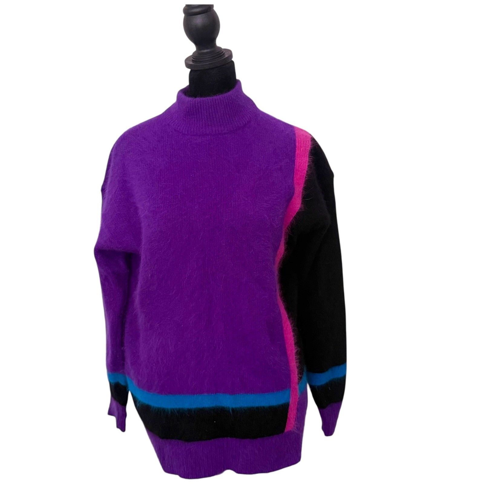 Vintage 80s Rafaella Sweater Women Size M Purple Angora Colorblock Cozy Knit