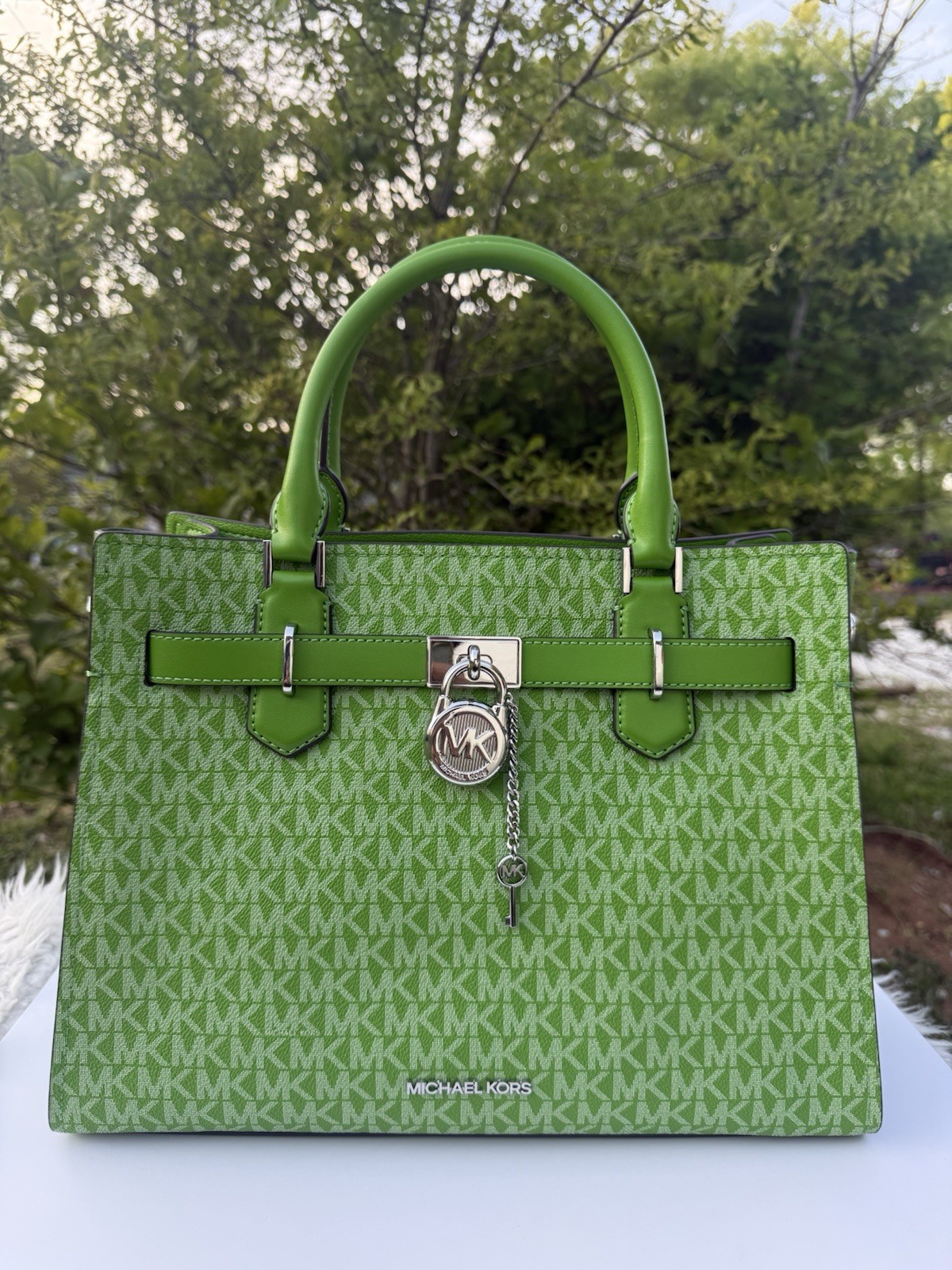Michael Kors Medium Hamilton Satchel MK Logo Leather Jungle Green Crossbody