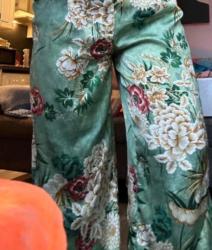 Zara Oriental Satin Green Wide Leg Elastic Waist Trousers L 10
