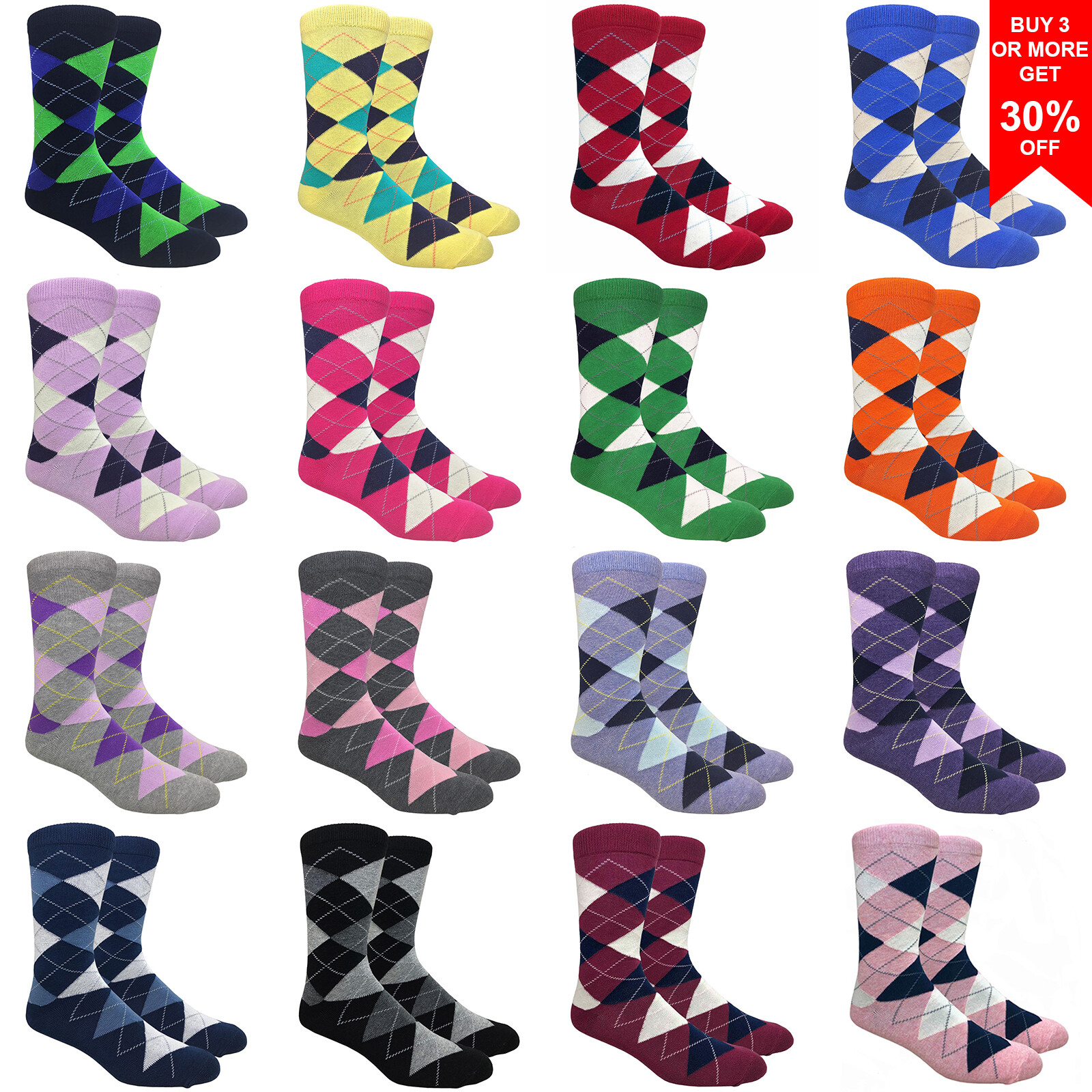 Fine Fit Men’s Argyle Cotton Dress Socks Wedding Diamond Pattern Assorted Colors