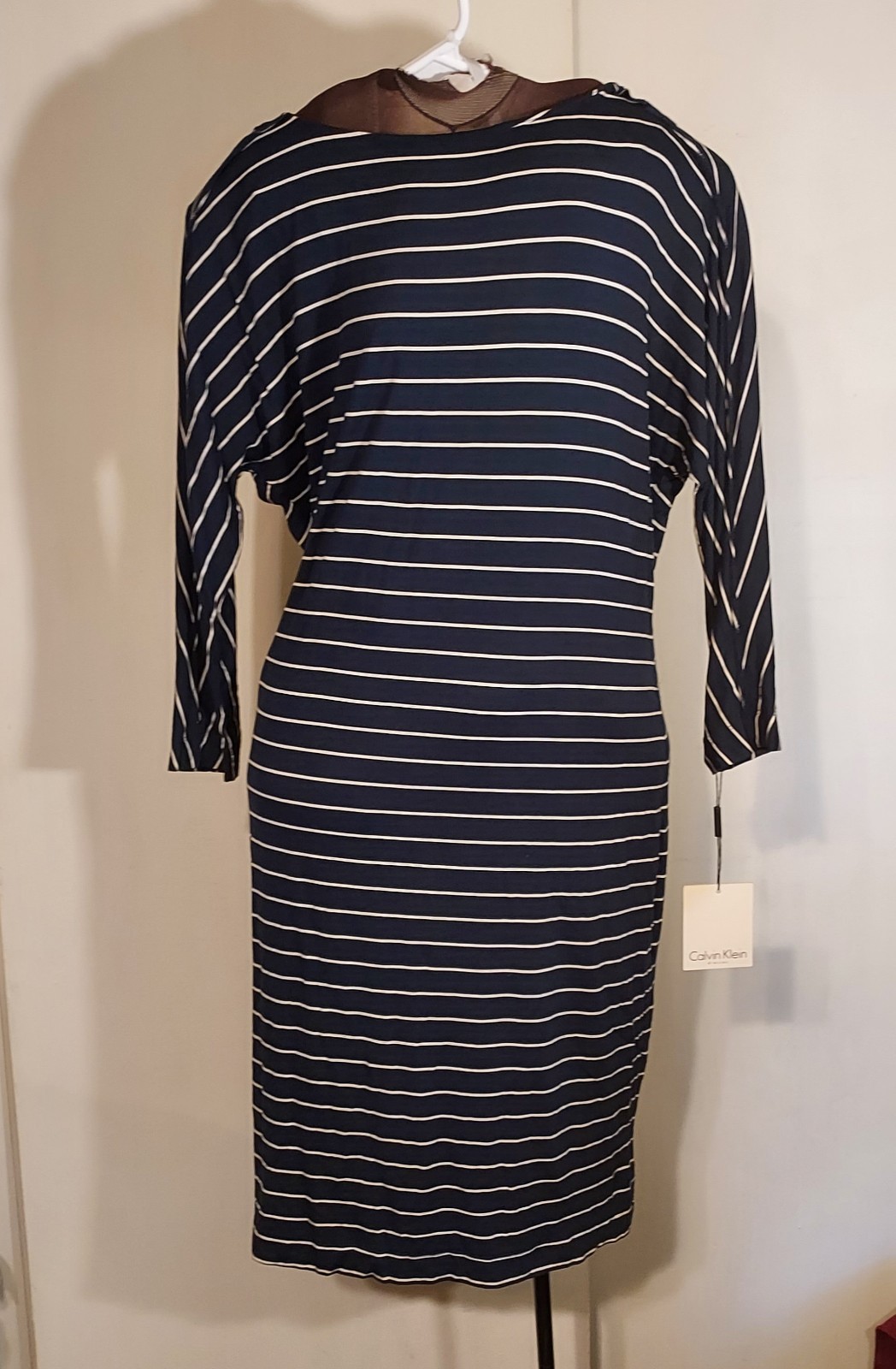 Calvin Klein Navy/White Striped 3/4 Sleeve Knee Length Dress Women’s 12