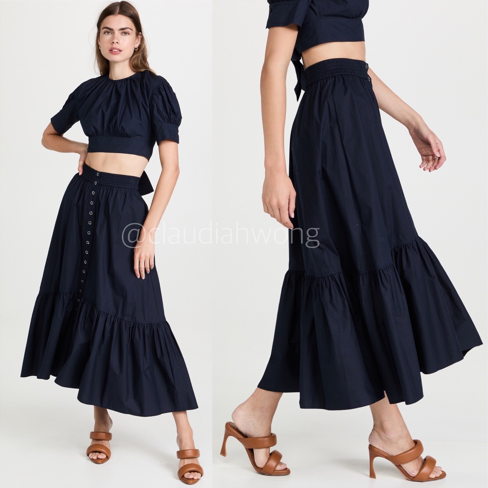 A.L.C. Jade Nightshade Navy Blue Snap Button Ruffle Full Maxi Skirt Sz 4 ALC
