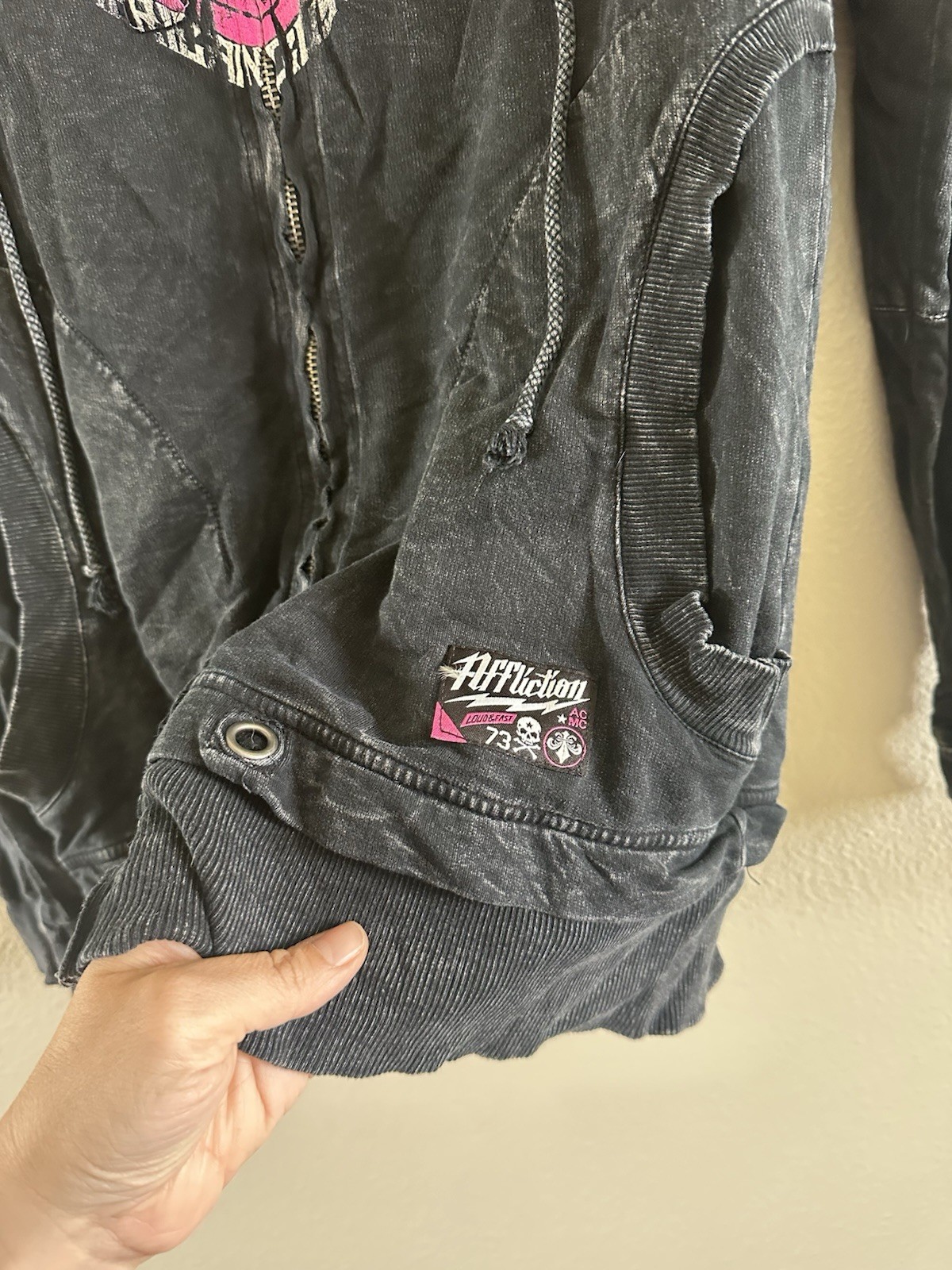 Affliction Women’s Full Zip Hoodie XL Black Distressed Grunge Comfort Jacket