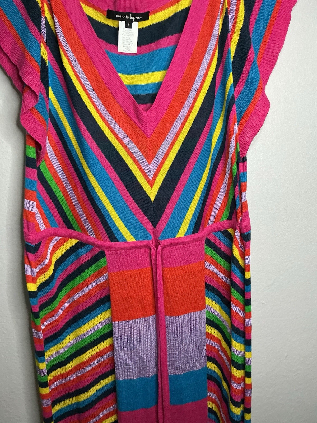 Barbiecore Nanette Lepore Multicolor Striped Knit Maxi Dress Cap Sleeve S