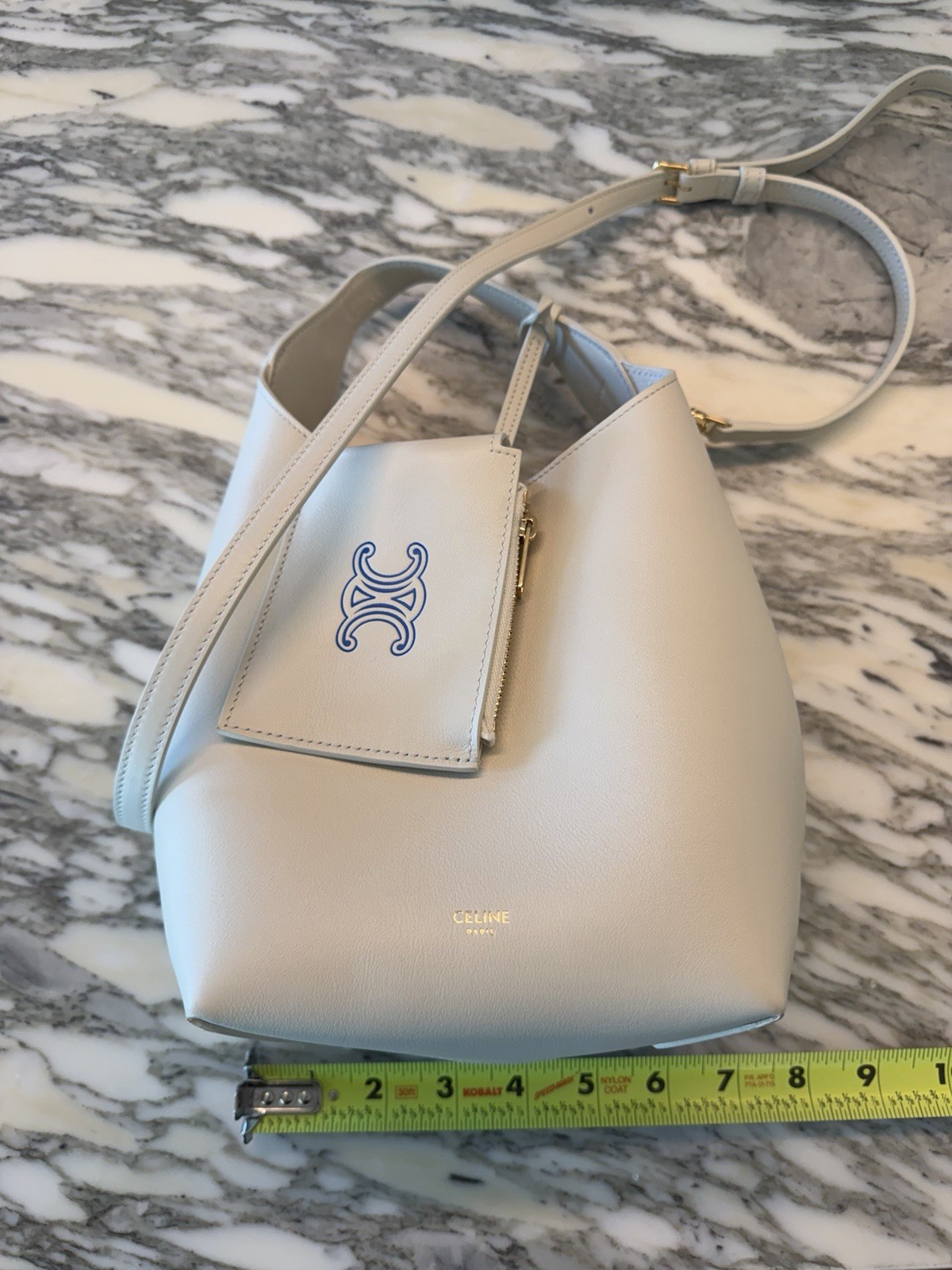 CELINE Triomphe Light Blue Small Bucket Shoulder Bag Detachable Strap Pouch