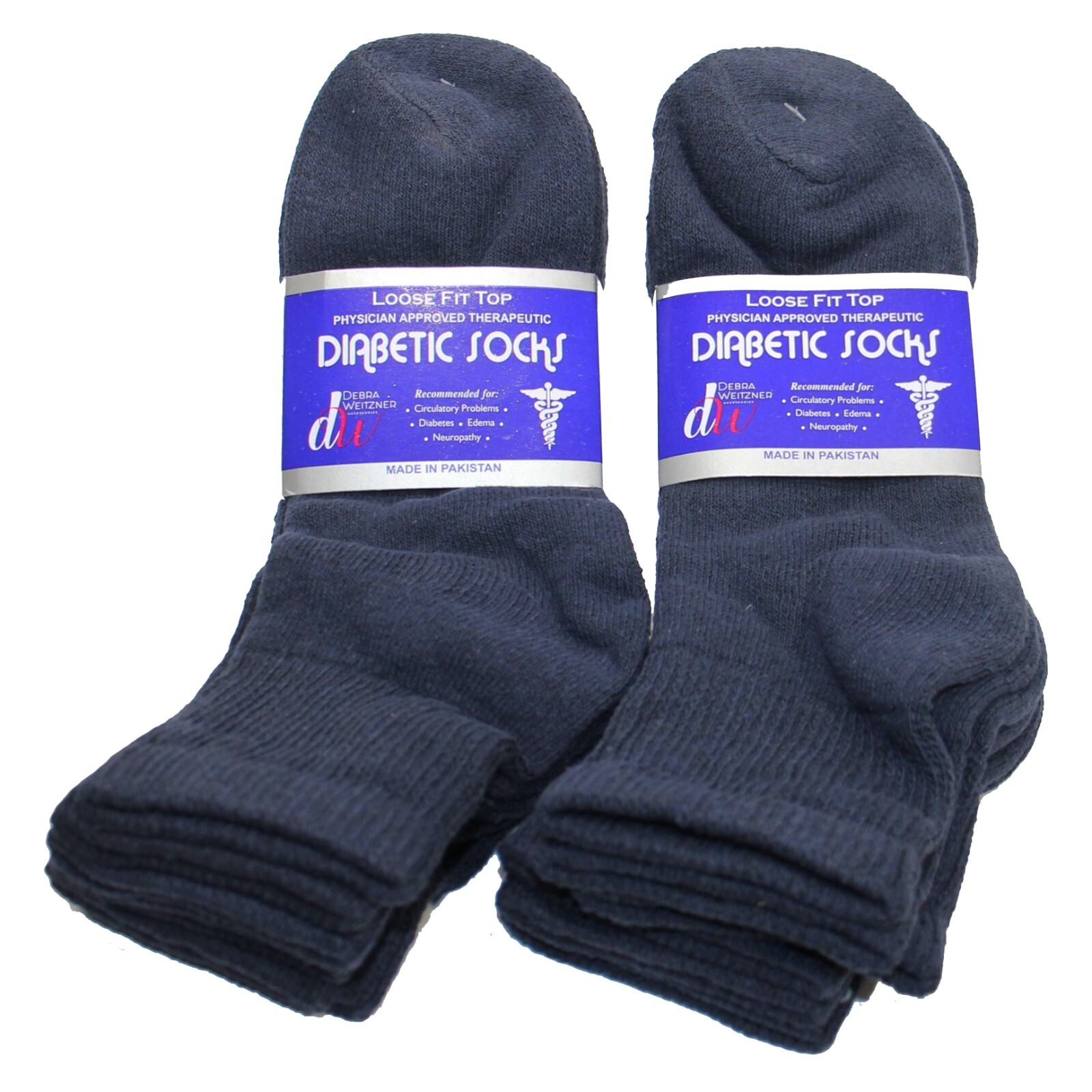 Weitzner Mens Navy Diabetic Quarter Socks 6 Pair Loose Fit Top 9-11