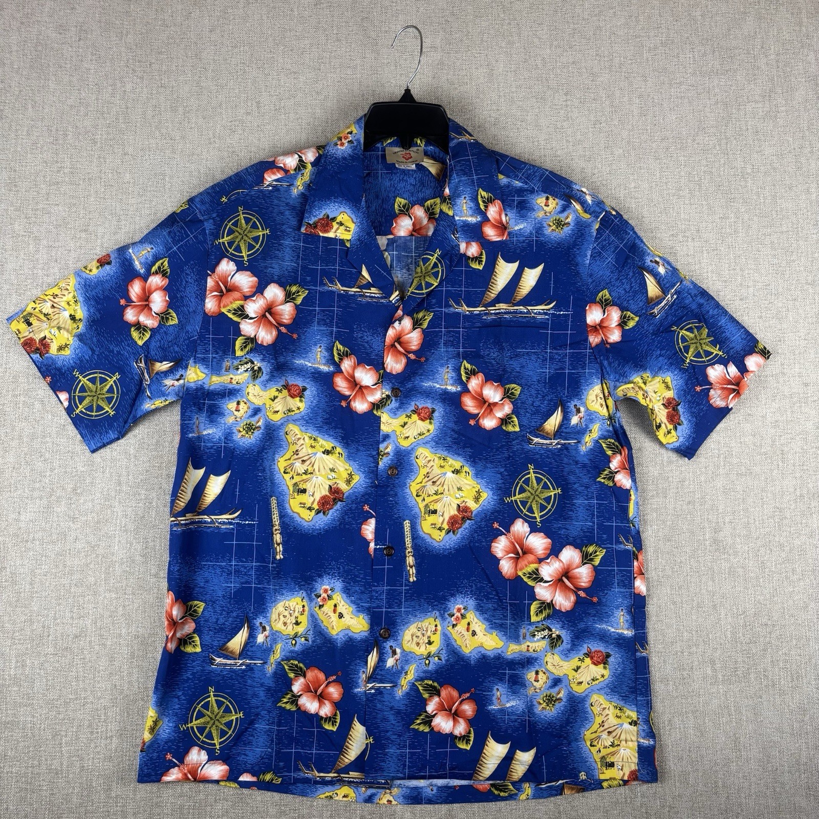 Vintage HAWAII Station Vibrant Floral Island Compass Cotton Aloha Shirt Men XL