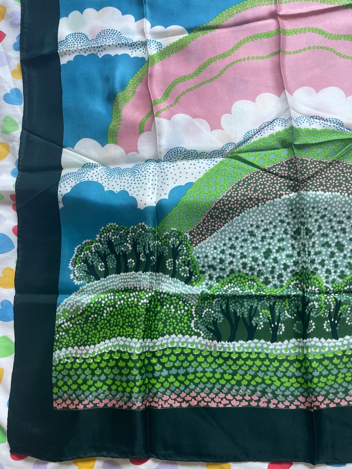 Vintage New Sally Gee 100% silk rare landscape Scarf 26.5″ square, made in Japan