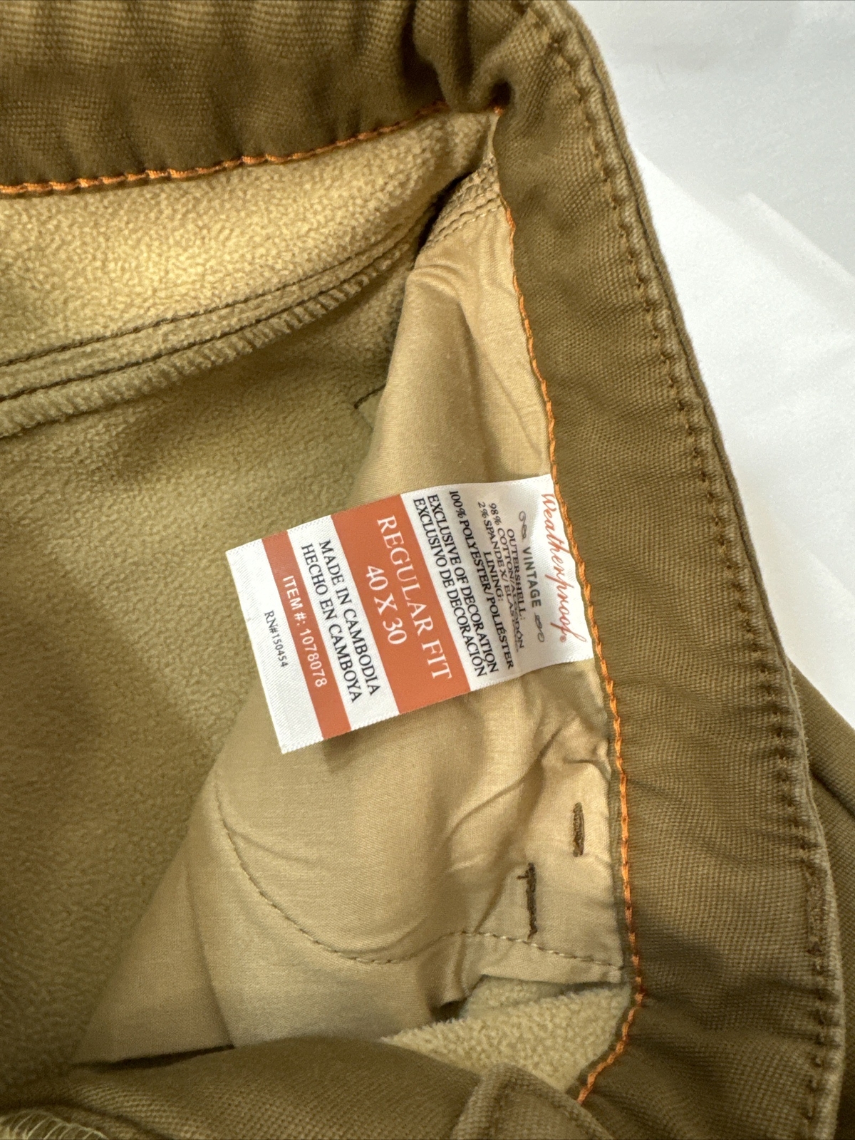 Weatherproof Vintage Men’s Fleece Stretch Canvas Regular Fit Pants Wheat 40×30