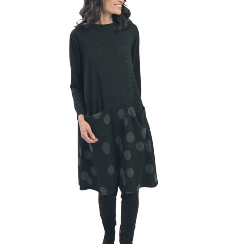Alembika Fallon Shift Dress Size 1 Stripes Polka Dots Gray Black Lagenlook Style
