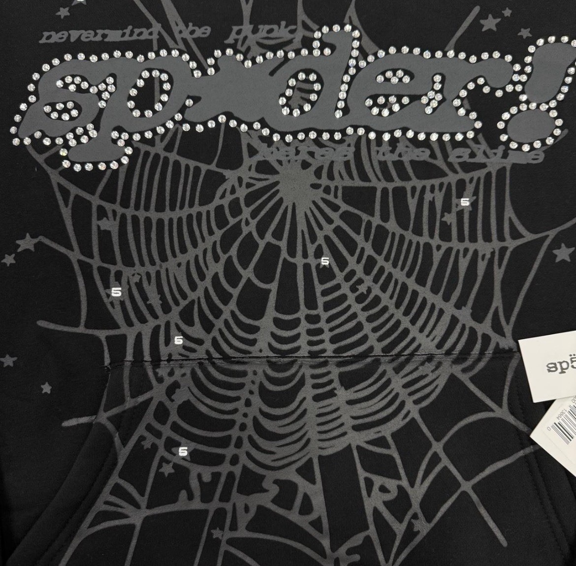 sp5der Black Pullover Hoodie Spiderweb Graphic Rhinestone Logo Men’s M