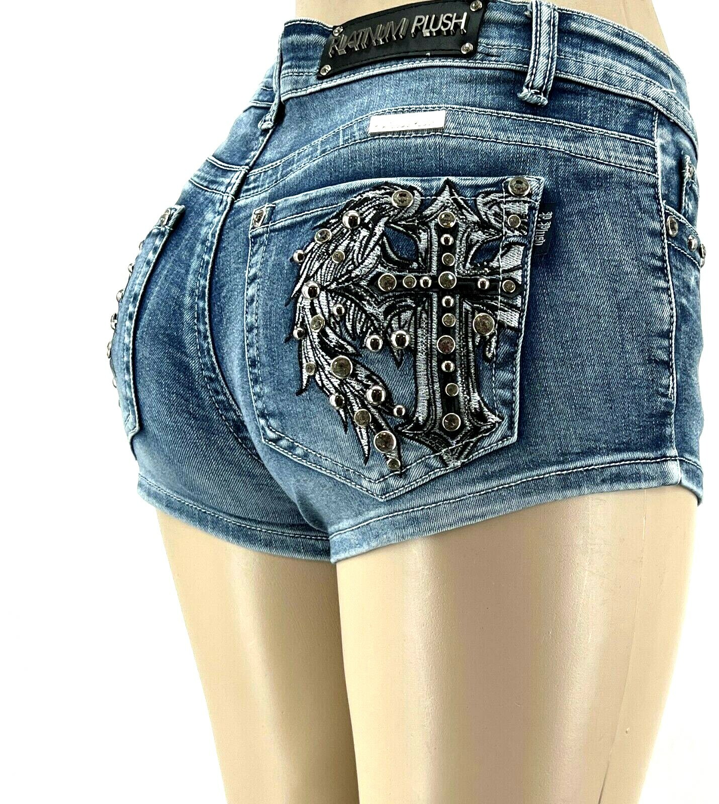 PLATINUM PLUSH LADIES LEATHER CROSS & WING RHINESTONE DENIM SHORTS STYLE #4546