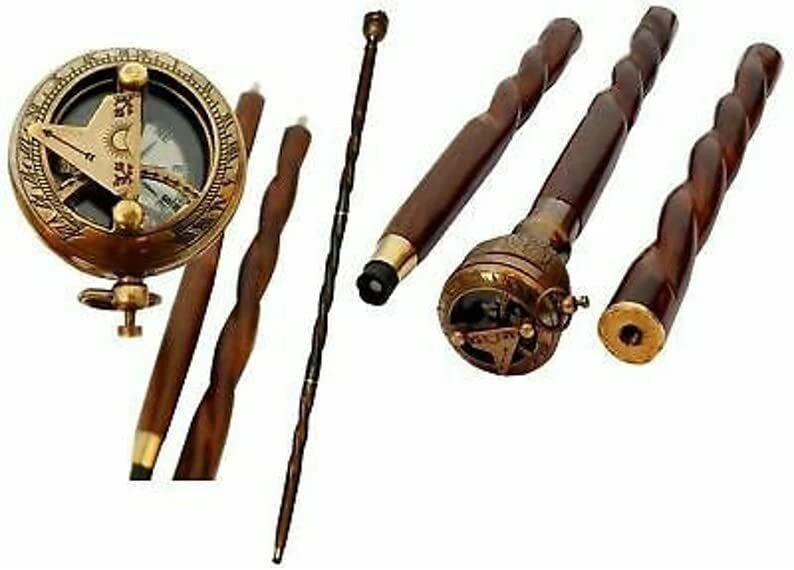 Antique Brass Push Button Sundial Handle Sprial Wooden Walking Stick Gift
