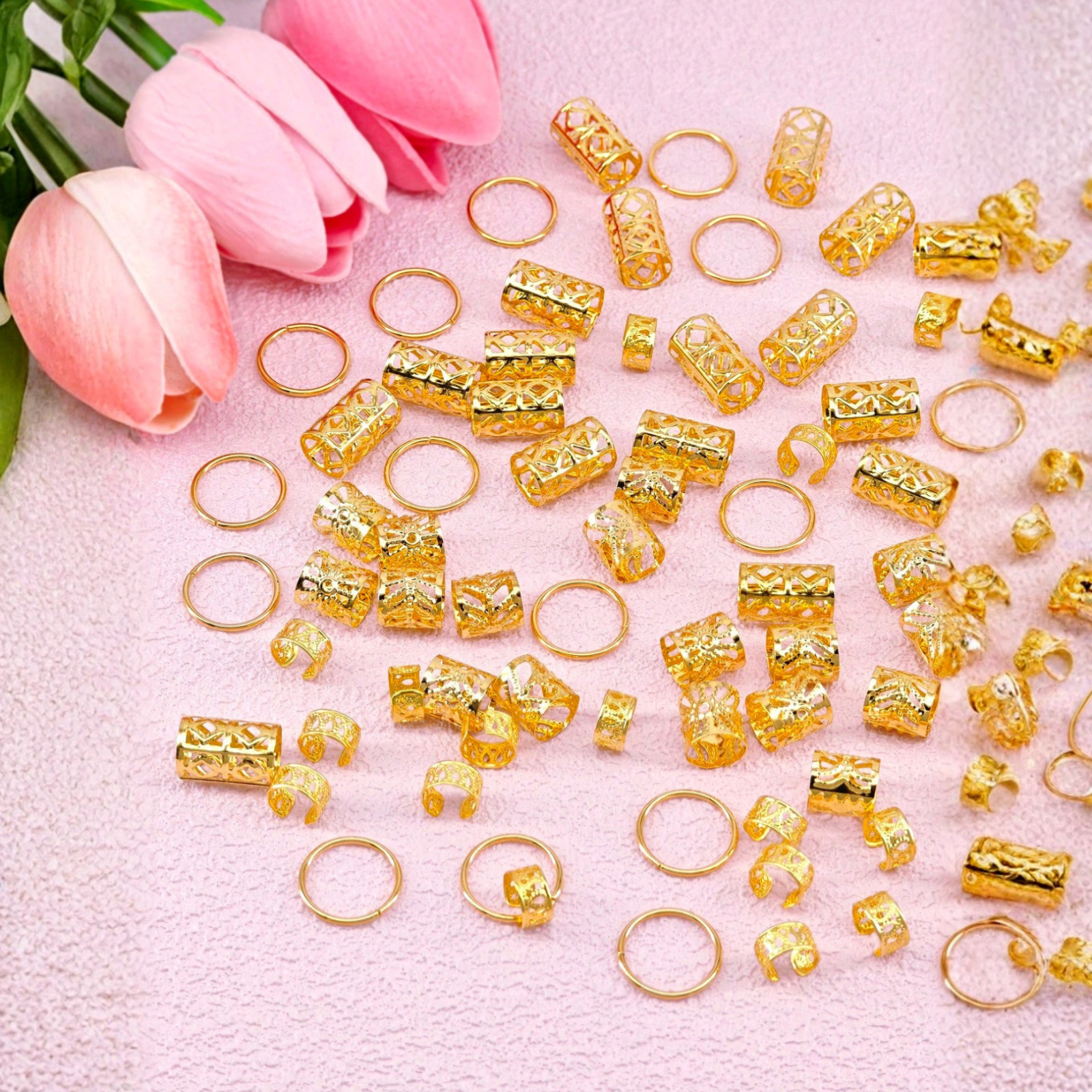 80pcs Dreadlock Beads Locks Accessories Gold Tone Hair Cuffs Rings Braids Boho