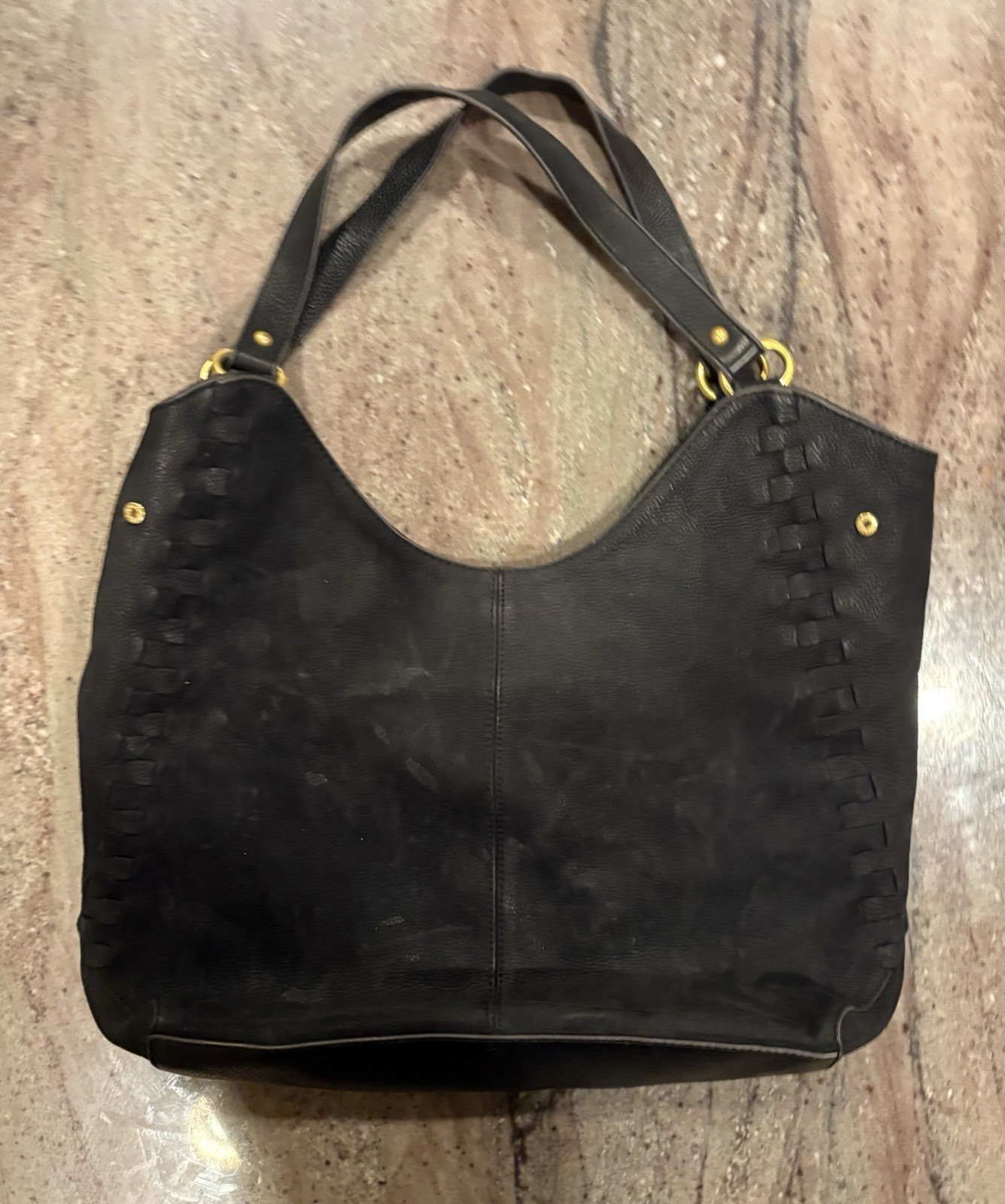 Nanette Lepore Black Pebbled Leather Hobo Shoulder Bag Tassel Gold Hardware