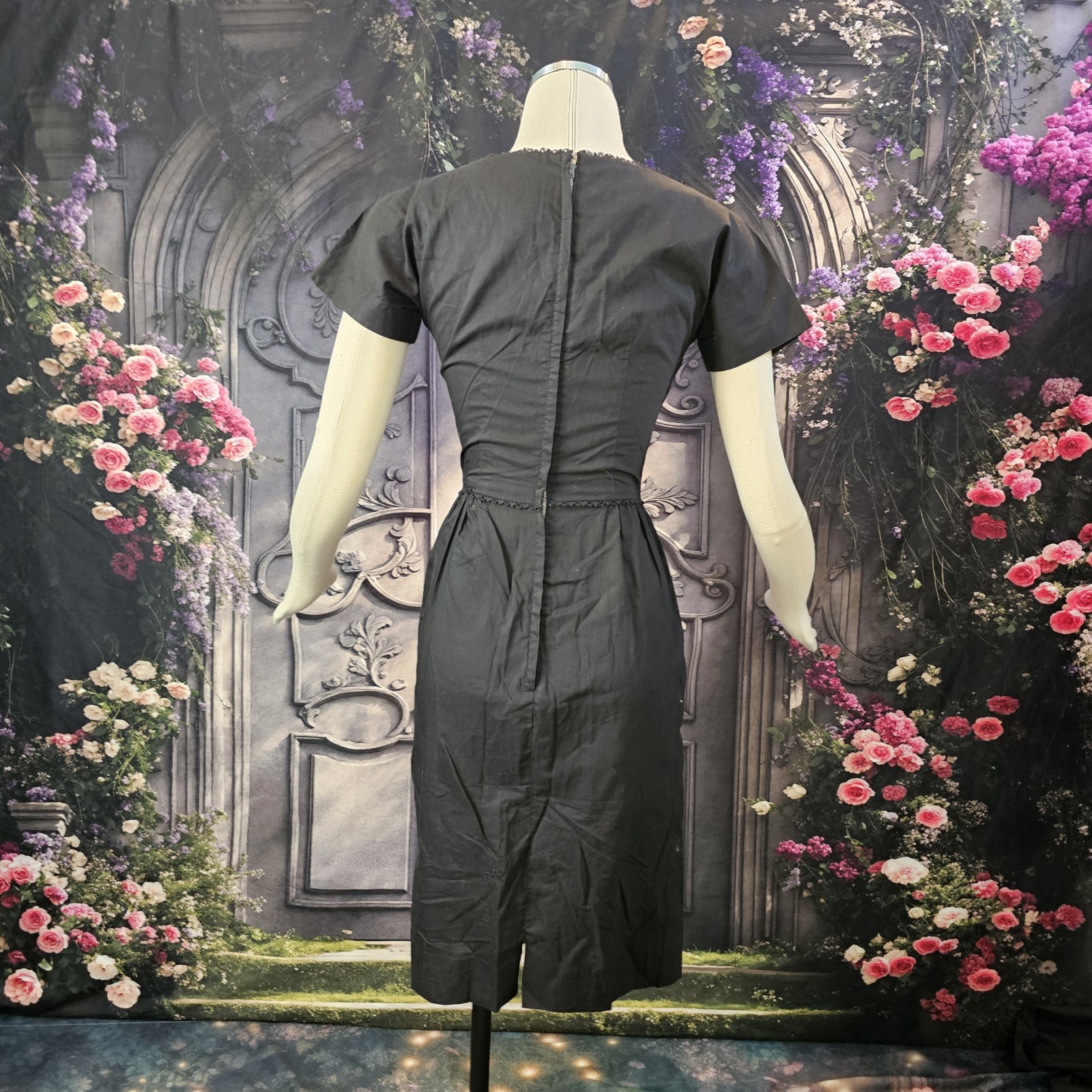 Vintage 1950s Wiggle Dress Fitted Black Polished Cotton Pinup