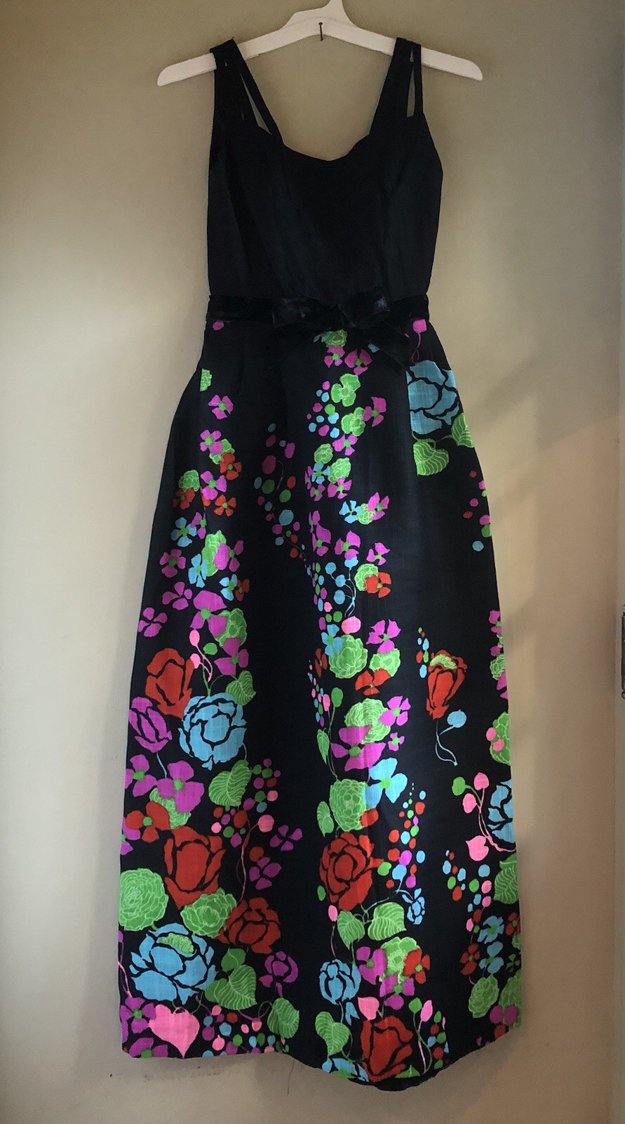 Mid-Century Vtg 1960s Lord & Taylor Marimekko Style Black Linen Maxi Dress ILGWU