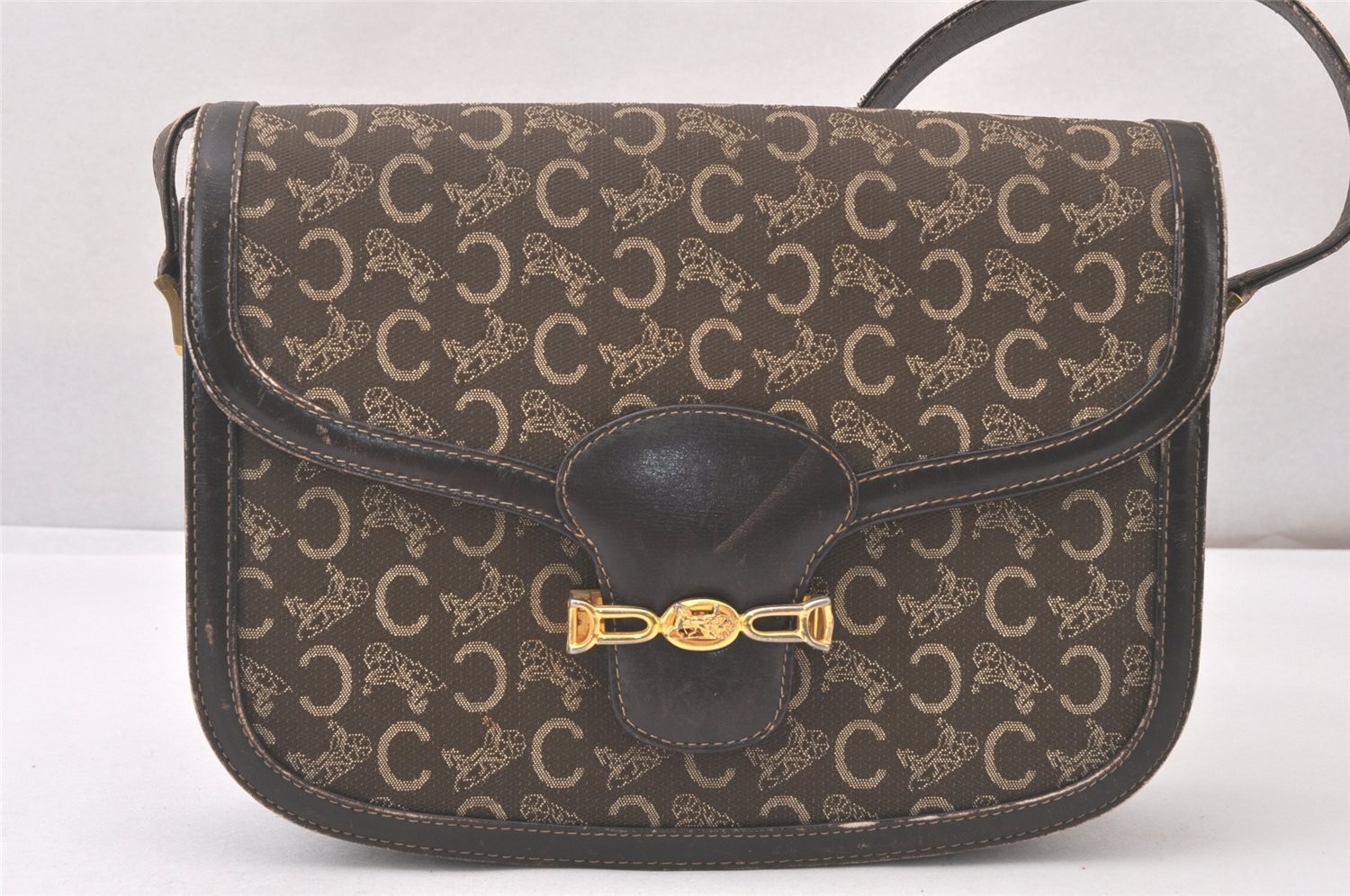Authentic CELINE C Macadam Carriage Shoulder Bag Canvas Leather Brown 543AA