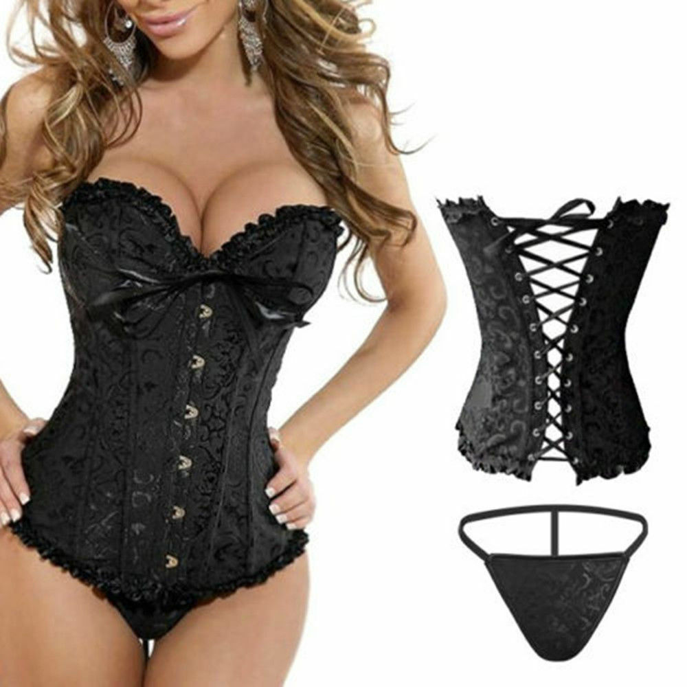 Women Lace Up Boned Bustier Corset Overbust Burlesque Lingerie Waist Trainer ADJ