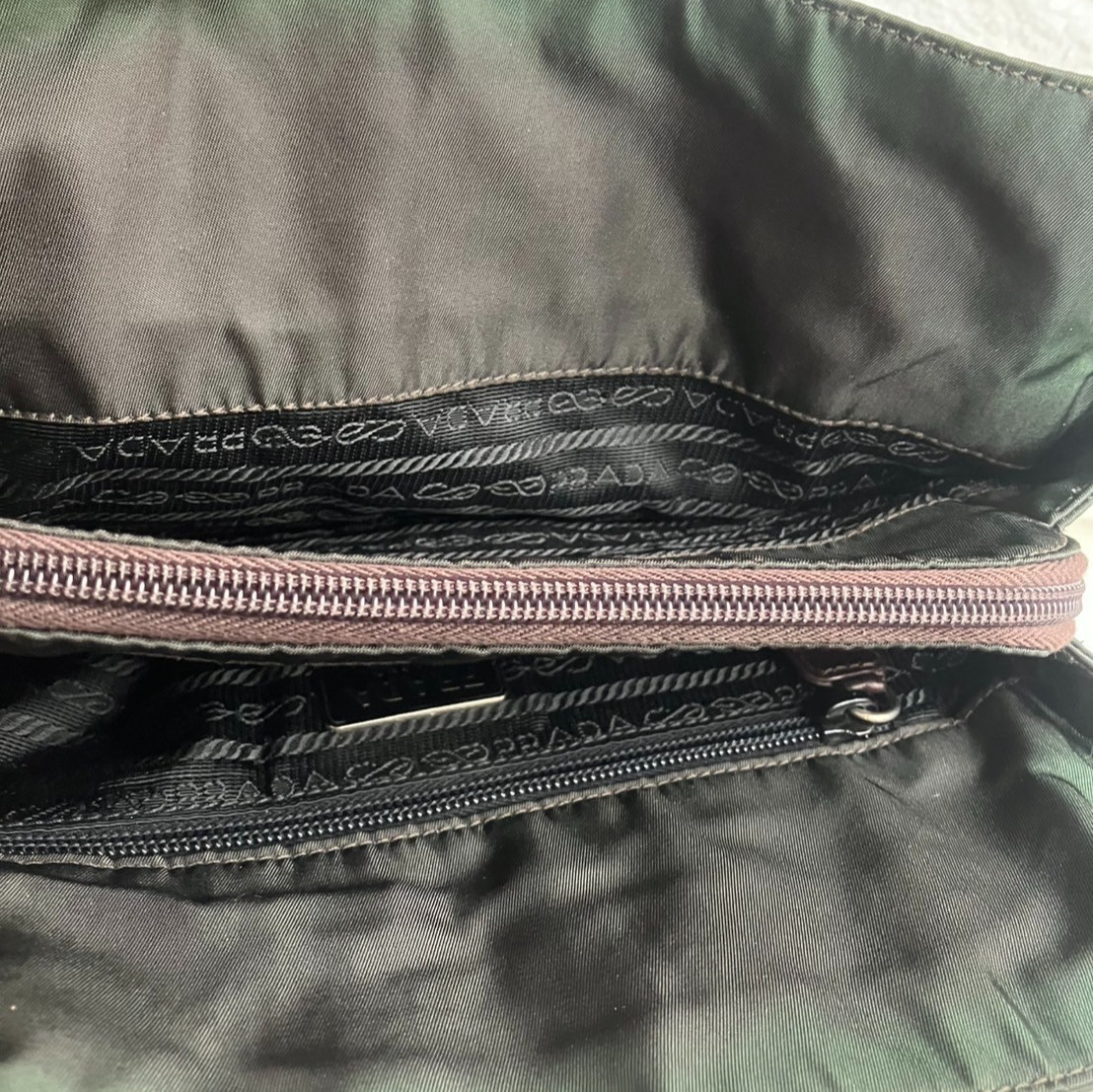 PRADA Shoulder Bag Cain Nylon Leather Green Khaki Triangle Logo Plate Black Auth