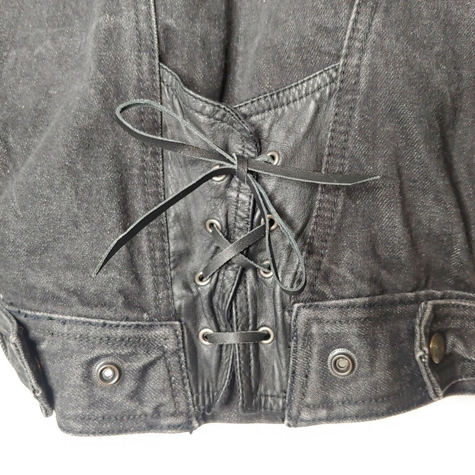 Vintage 1980s Paris Express Denim Jacket Small Snap V Neck Retro Lace Up Crop