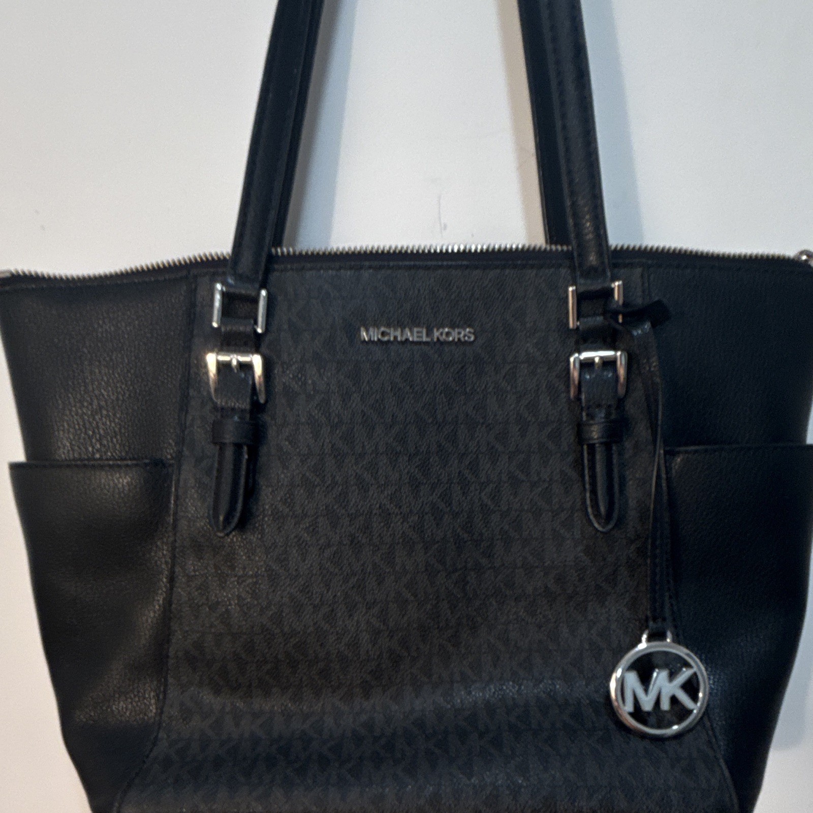 Michael Kors Black Logo Tote Zip Closure Silver Hardware MK Charm Pockets