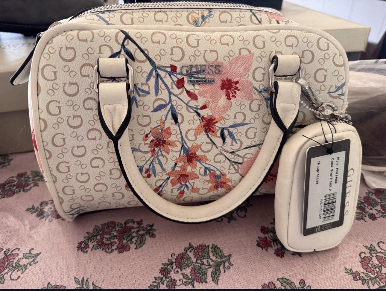 GUESS Small Floral Satchel Top Handle Bag Zip Closure Strap Inner Pockets