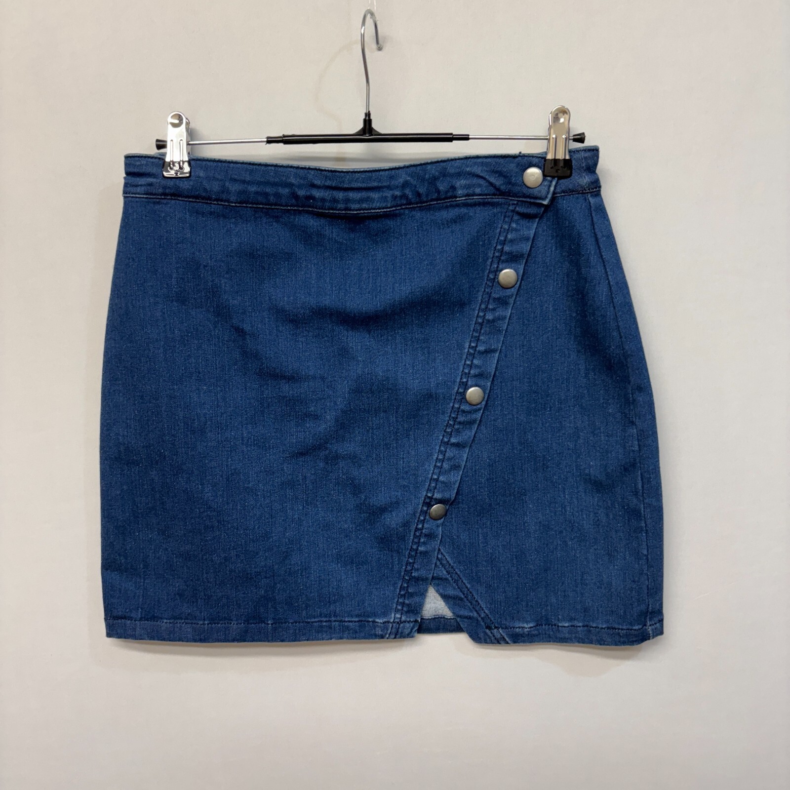 Free People We The Free Button Snap Mini Jean Skirt Size 12 Blue Denim C002 -24