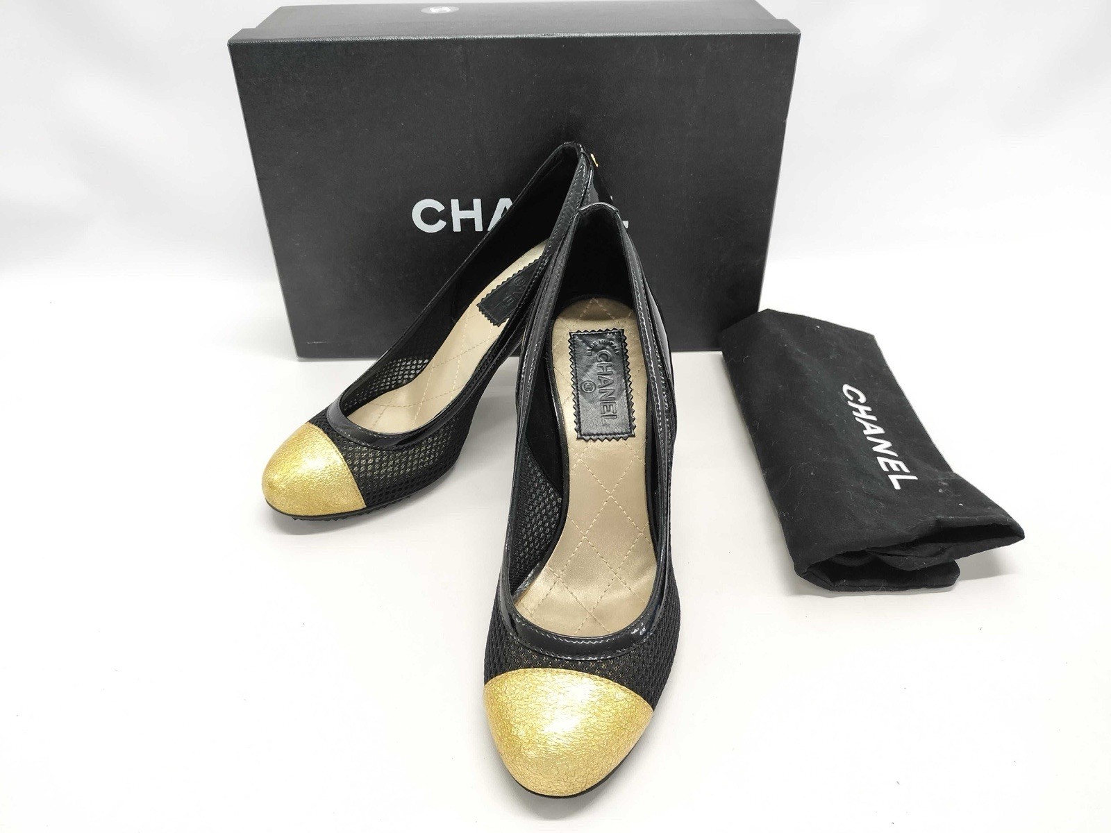 Chanel Mesh And Leather Black Gold Heels Sz 37