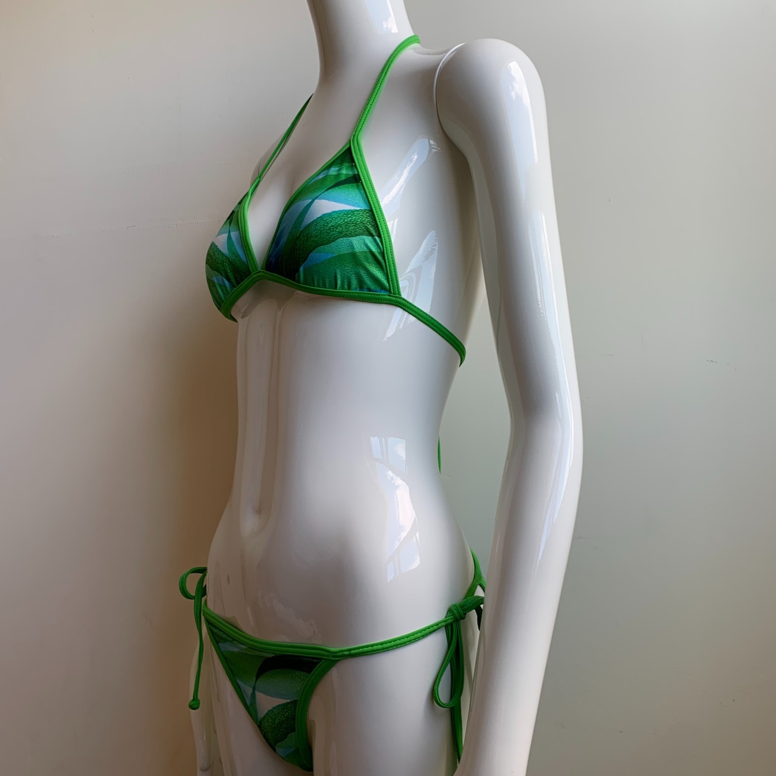 Aaron Chang Vintage Green reversible aqua triangle top tie side Bikini XS
