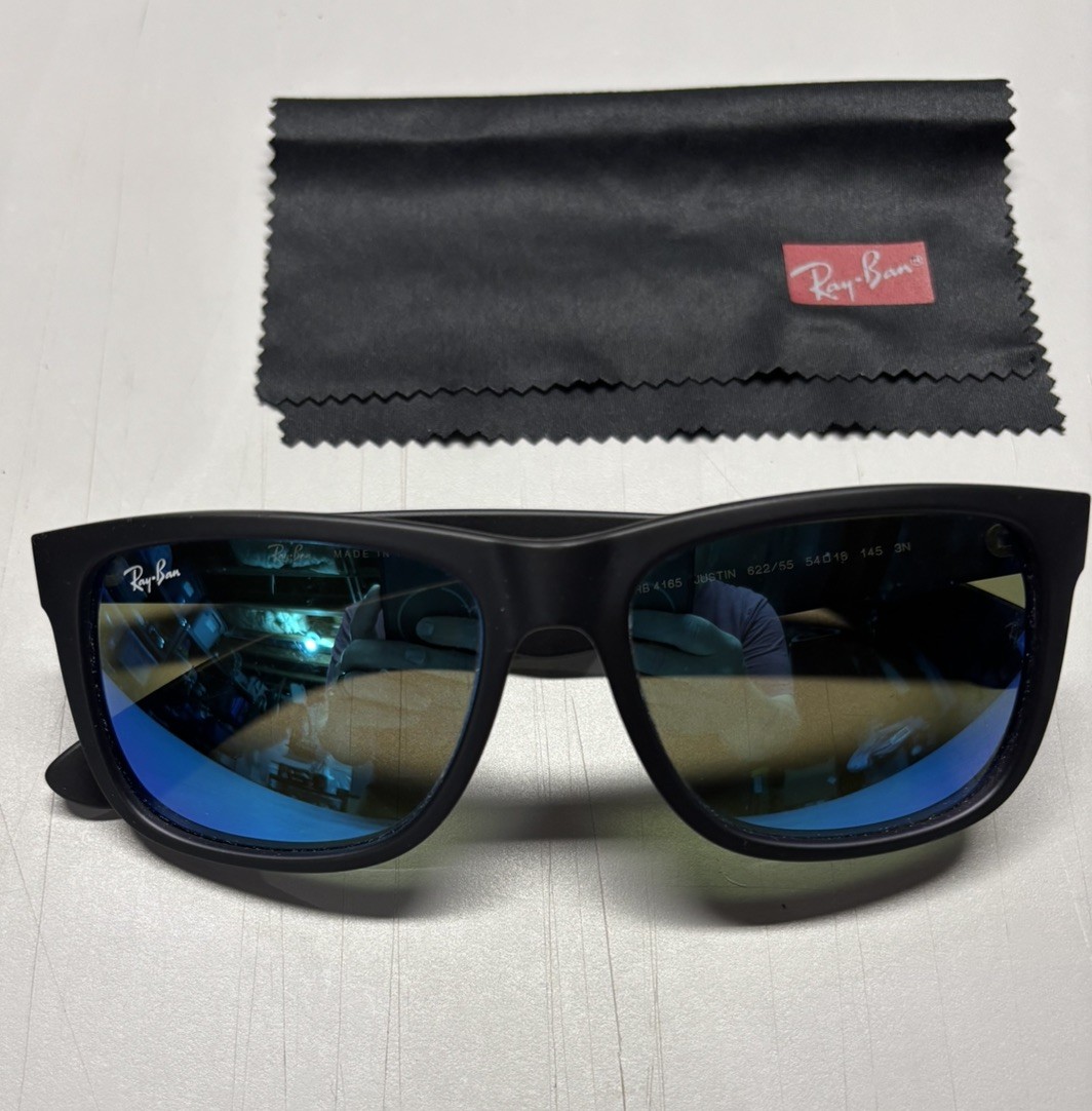Ray-Ban RB4165 Justin 622/55 Black Sunglasses 54-16-145 Blue Mirrored Lens