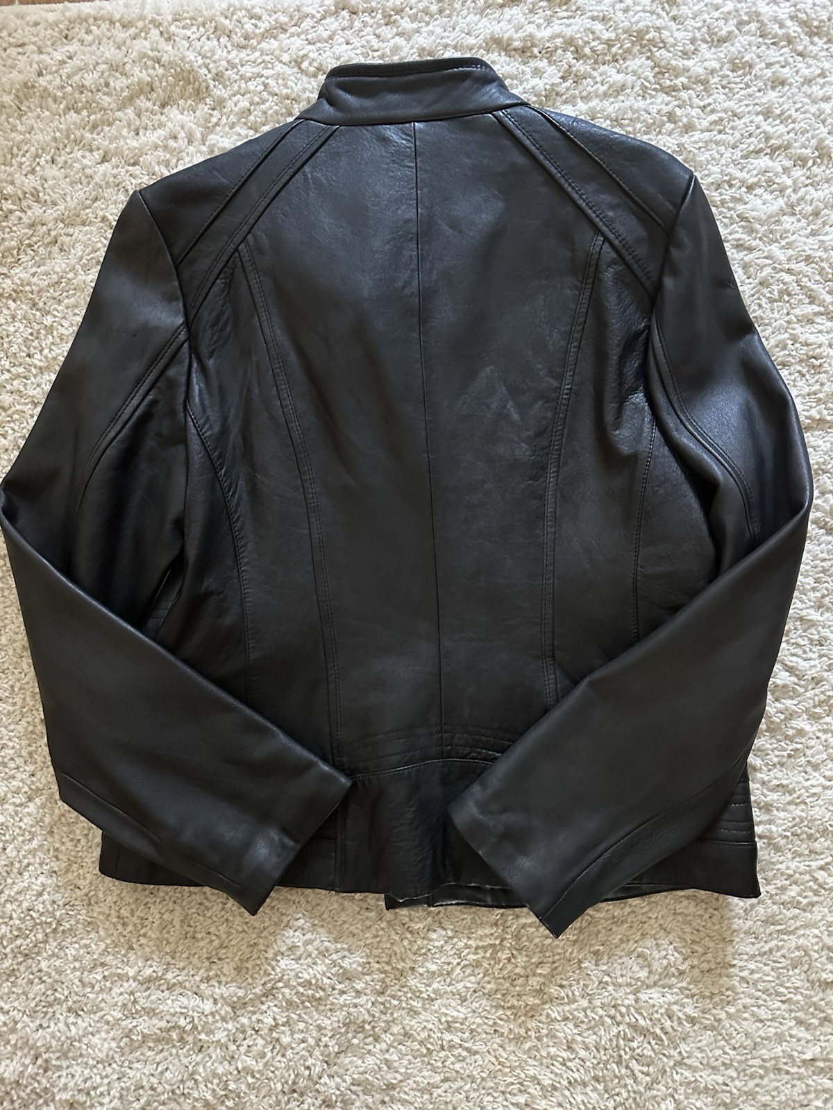 a.n.a Women’s Black Genuine Lambskin Leather Biker Jacket Zip Stand Collar L