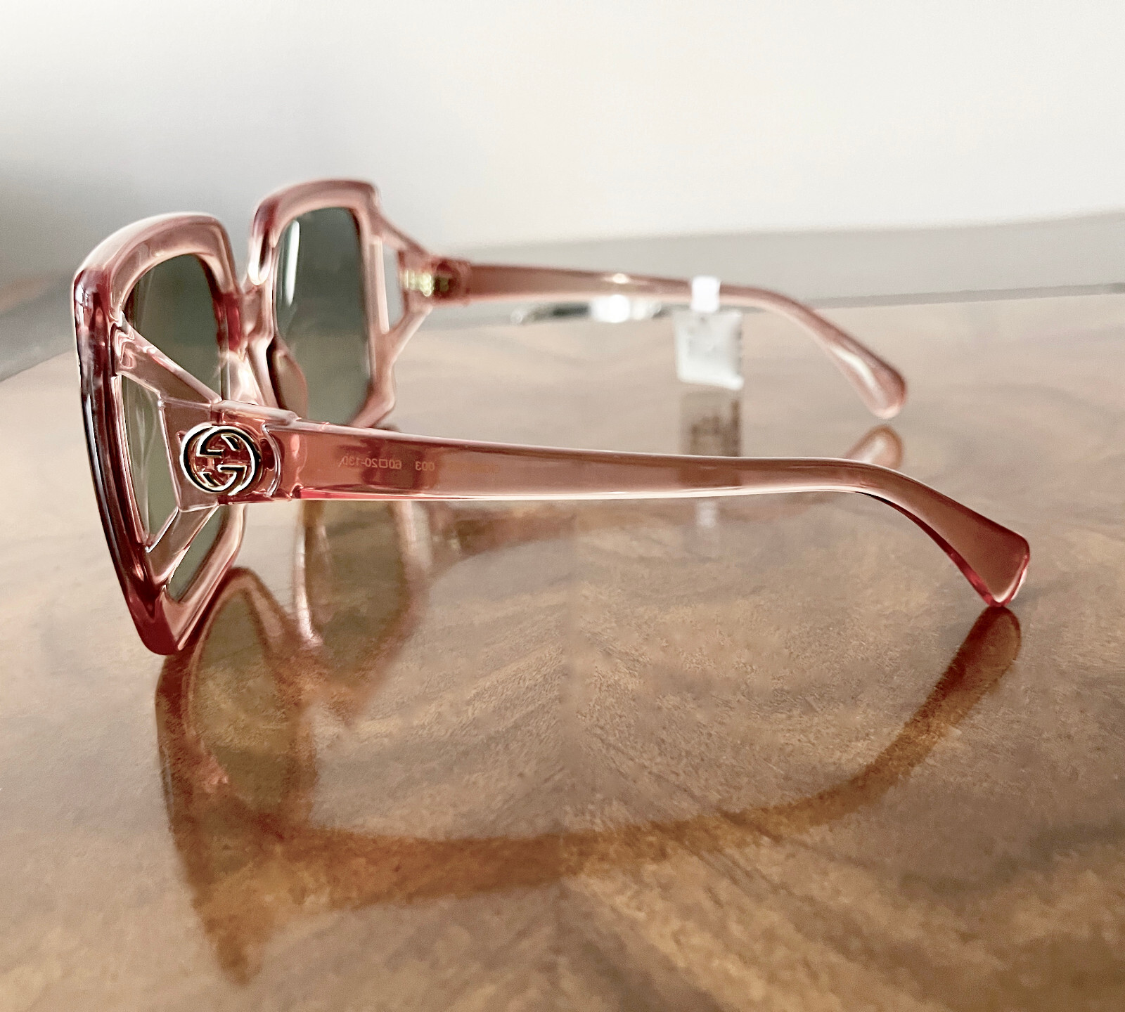 GUCCI Oversized 60mm Square Light-Injected PINK Frame Green Lens Sunglasses $450