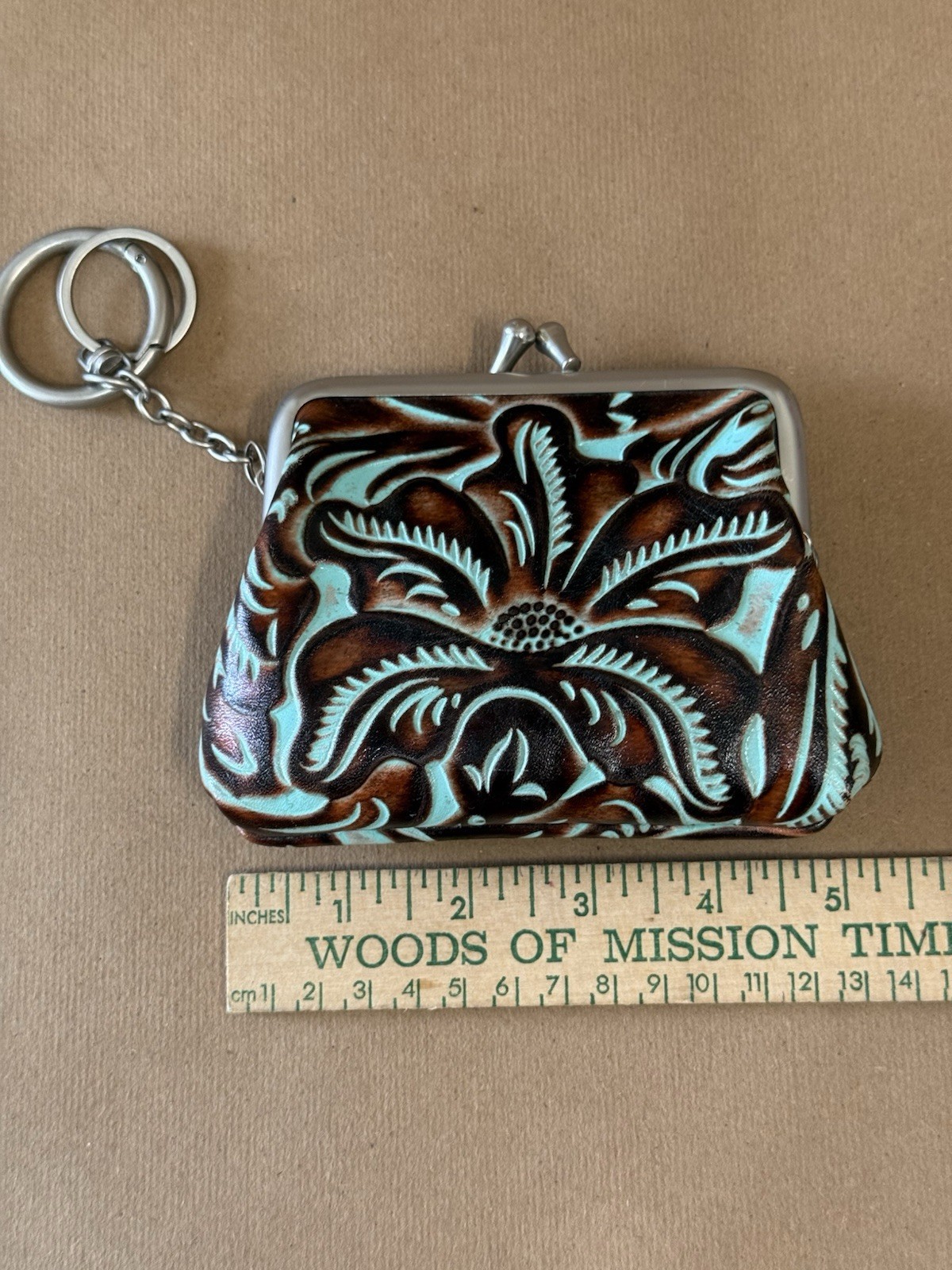 Patricia Nash Brown & Blue Western Floral Coin Wallet Keychain for Women