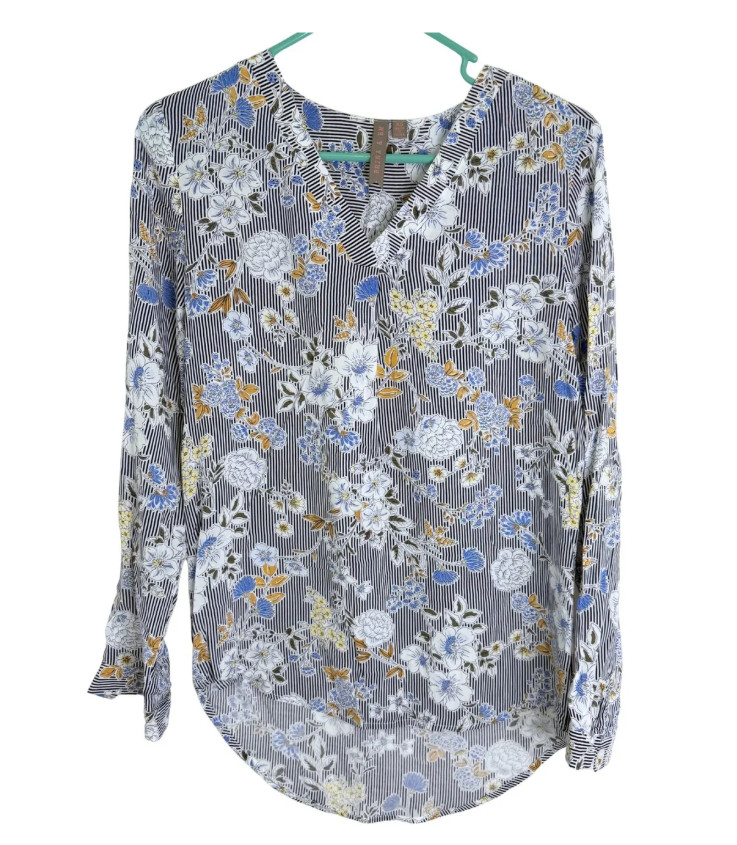Brina & Em V-Neck Floral Stripe Lightweight Long Sleeve Blouse Size XS