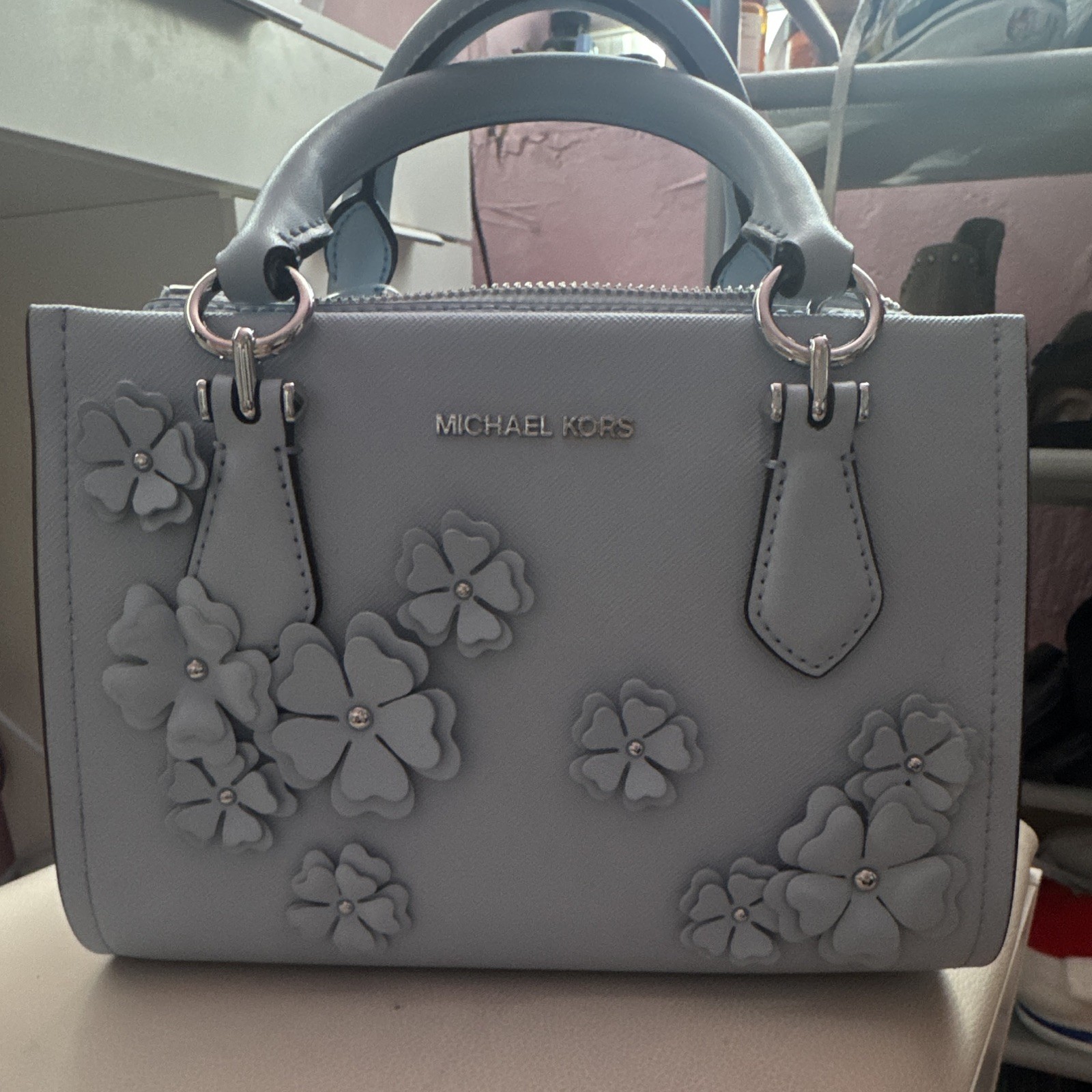 Michael Kors Small Floral Satchel Top Handle Bag Blue Zip Detachable Strap