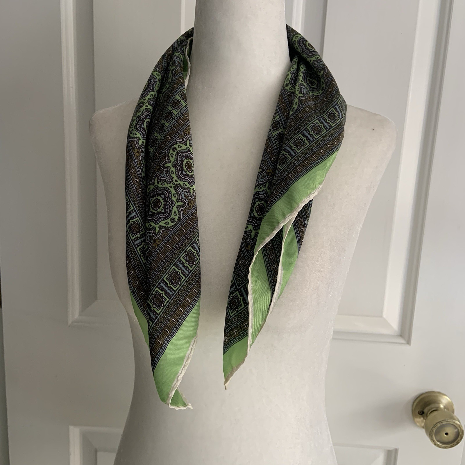 vintage 23in square Lime Green Medallion print rolled edge scarf