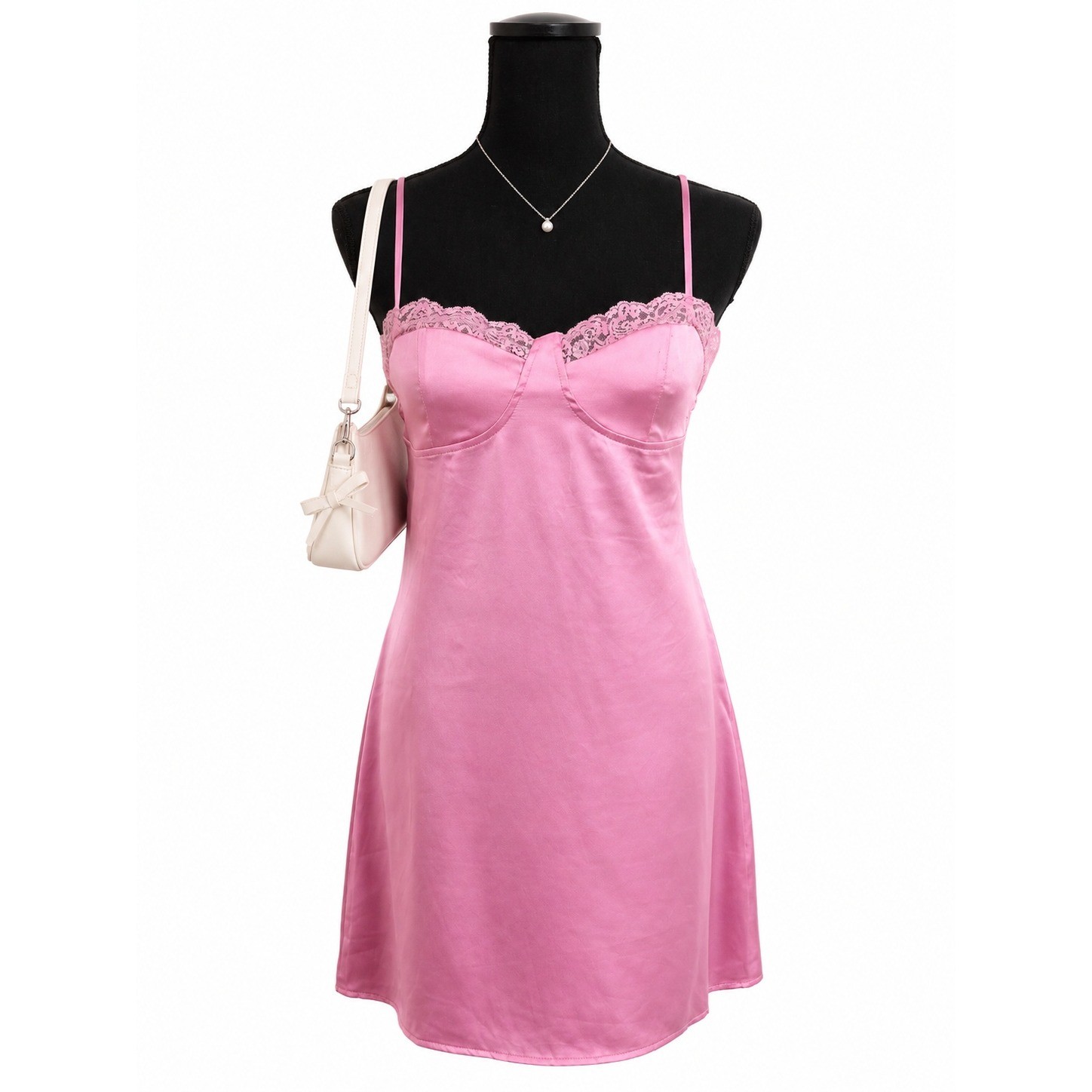 Forever 21 Pink Satin Lace Trim Open Back Mini Dress Azalea NWT L