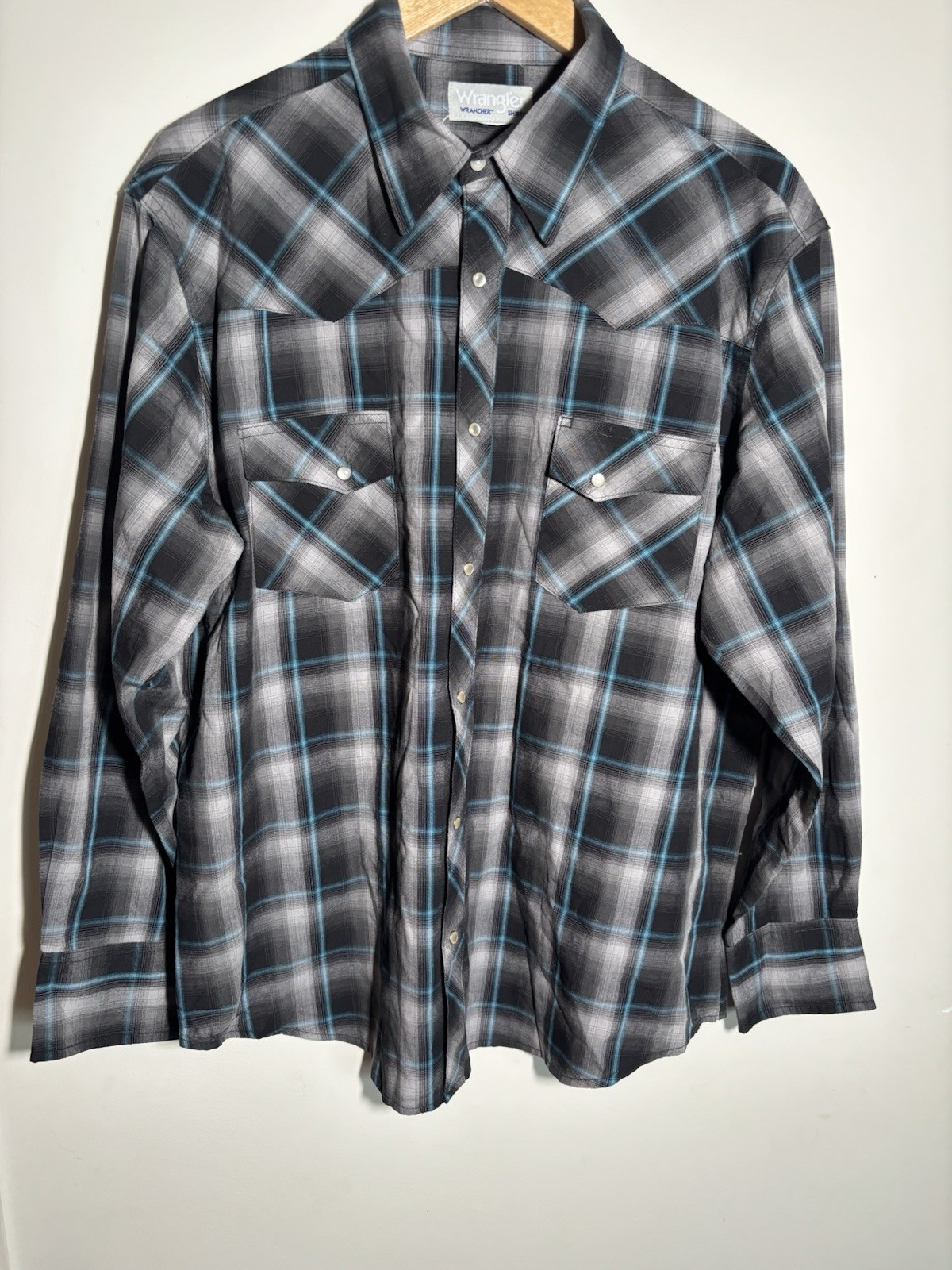 Vintage Wrangler Pearl Snap Western Cowboy Shirt Mens XL Gray Plaid