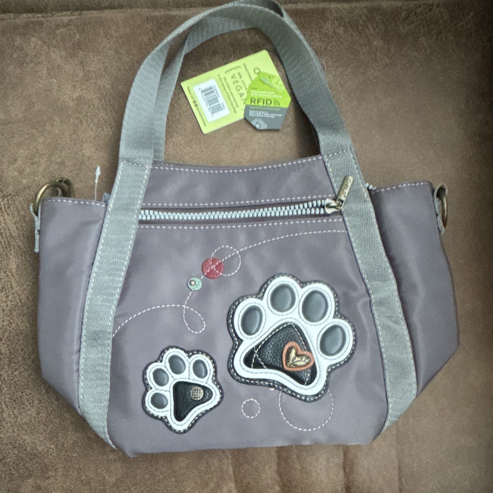 Chala Gray Dog Paw Applique Shoulder Bag RFID Blocking Zip Detachable Strap