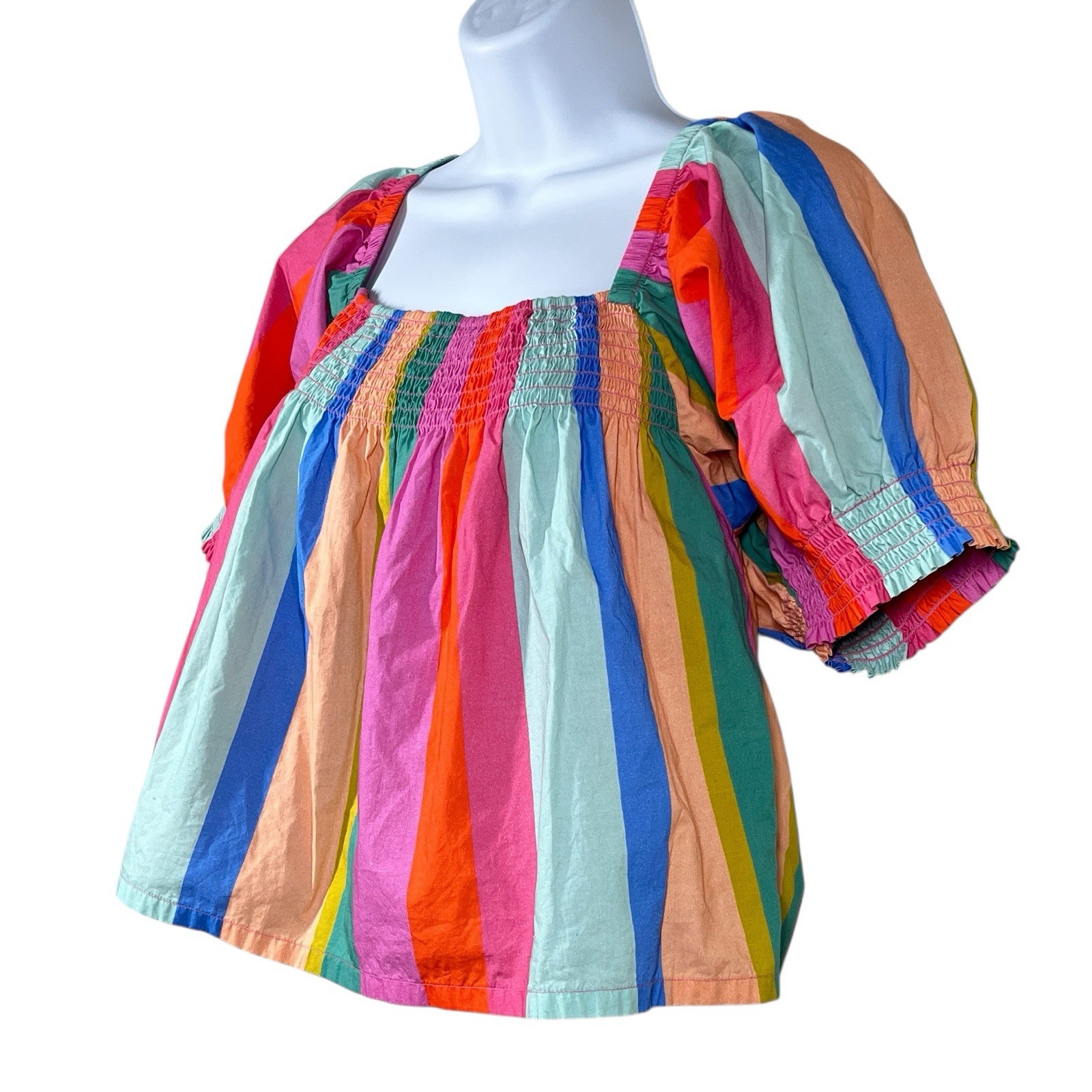 Mille Anthropologie Caro Rainbow Top Womens L 100% Cotton Smocking Crop Swing