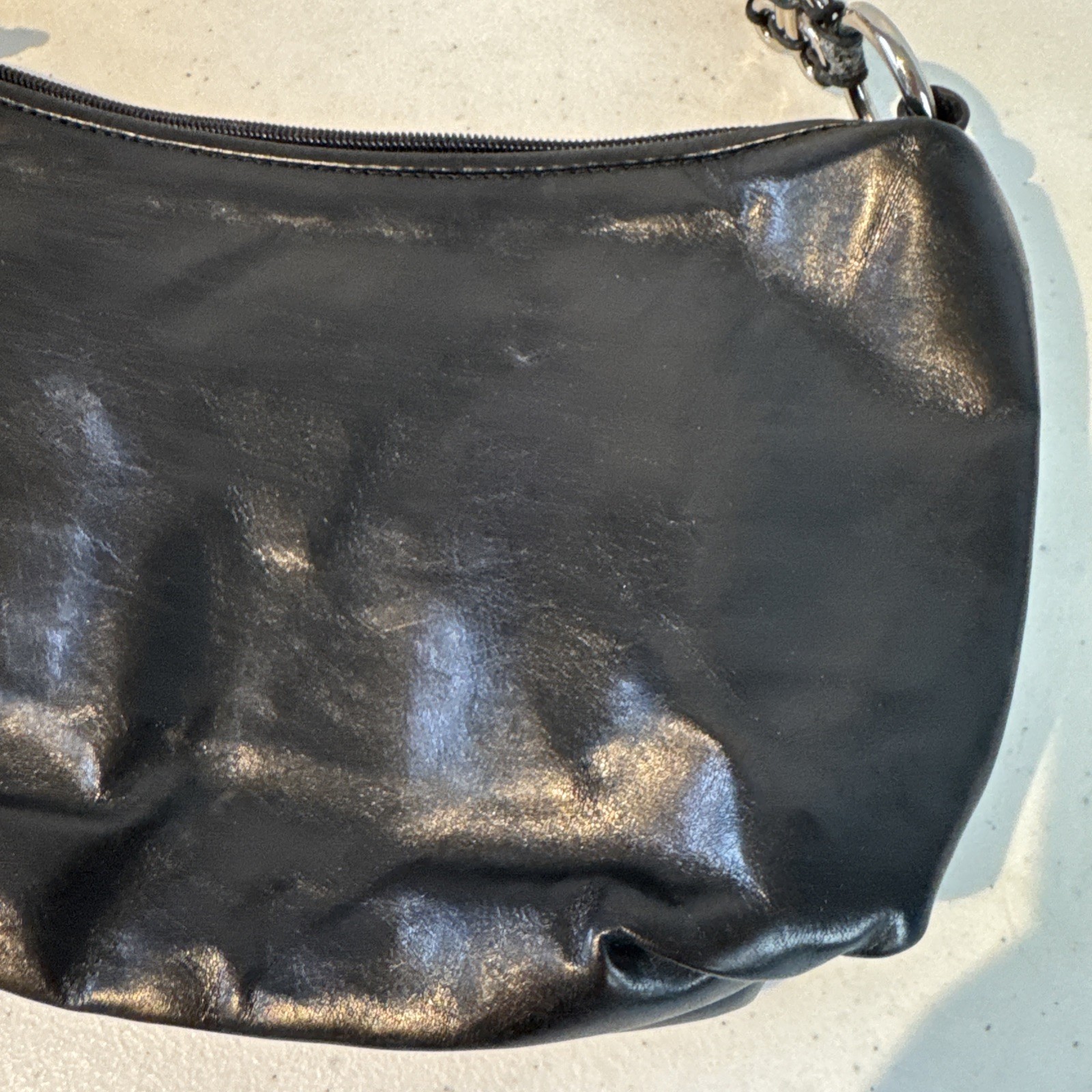 Elliott Lucca Black Leather Hobo Handbag Silver Tone Chain Strap Zipper