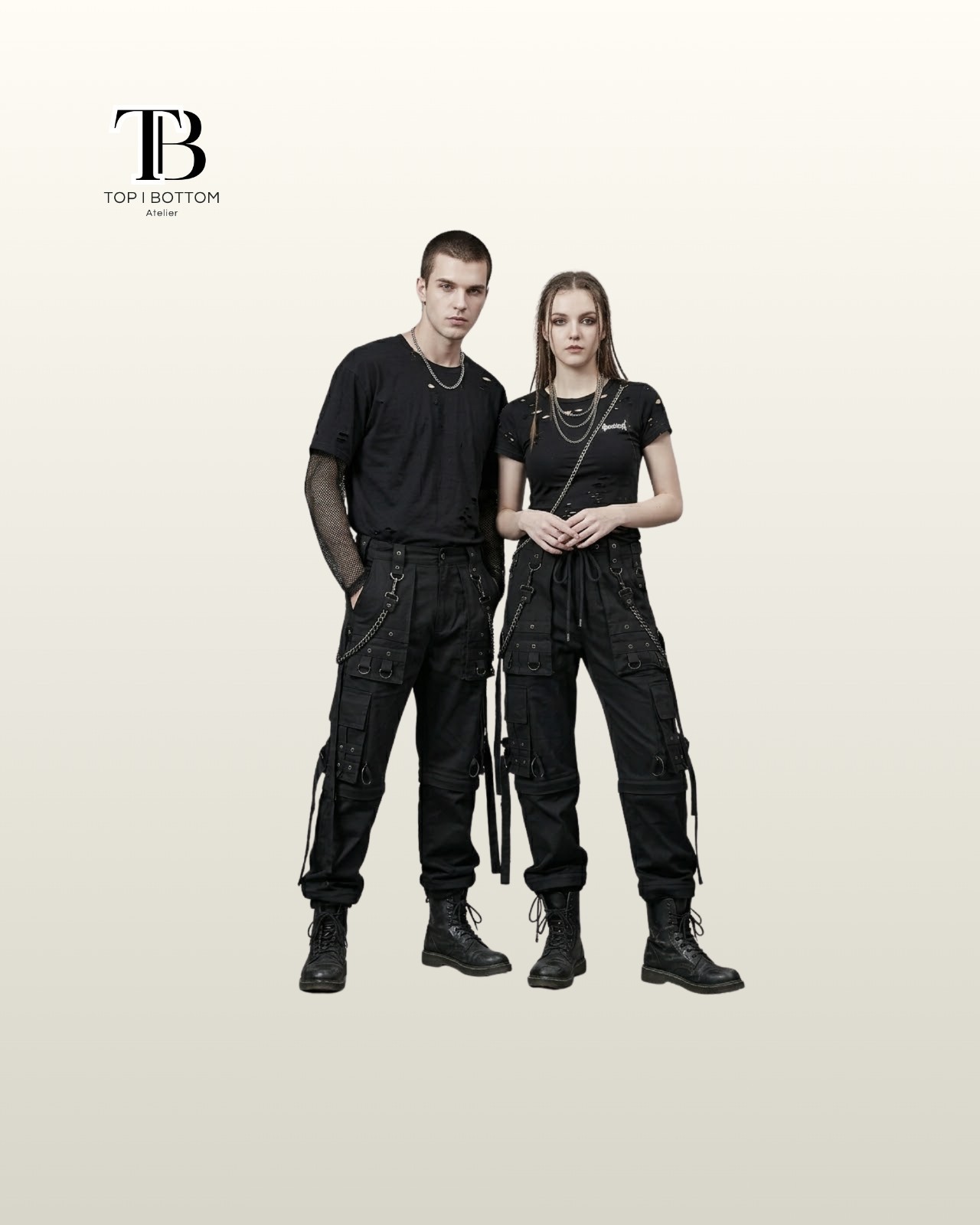 Unisex Black Tactical Cargo Pants Gothic Utility Trousers with Chains And Straps
