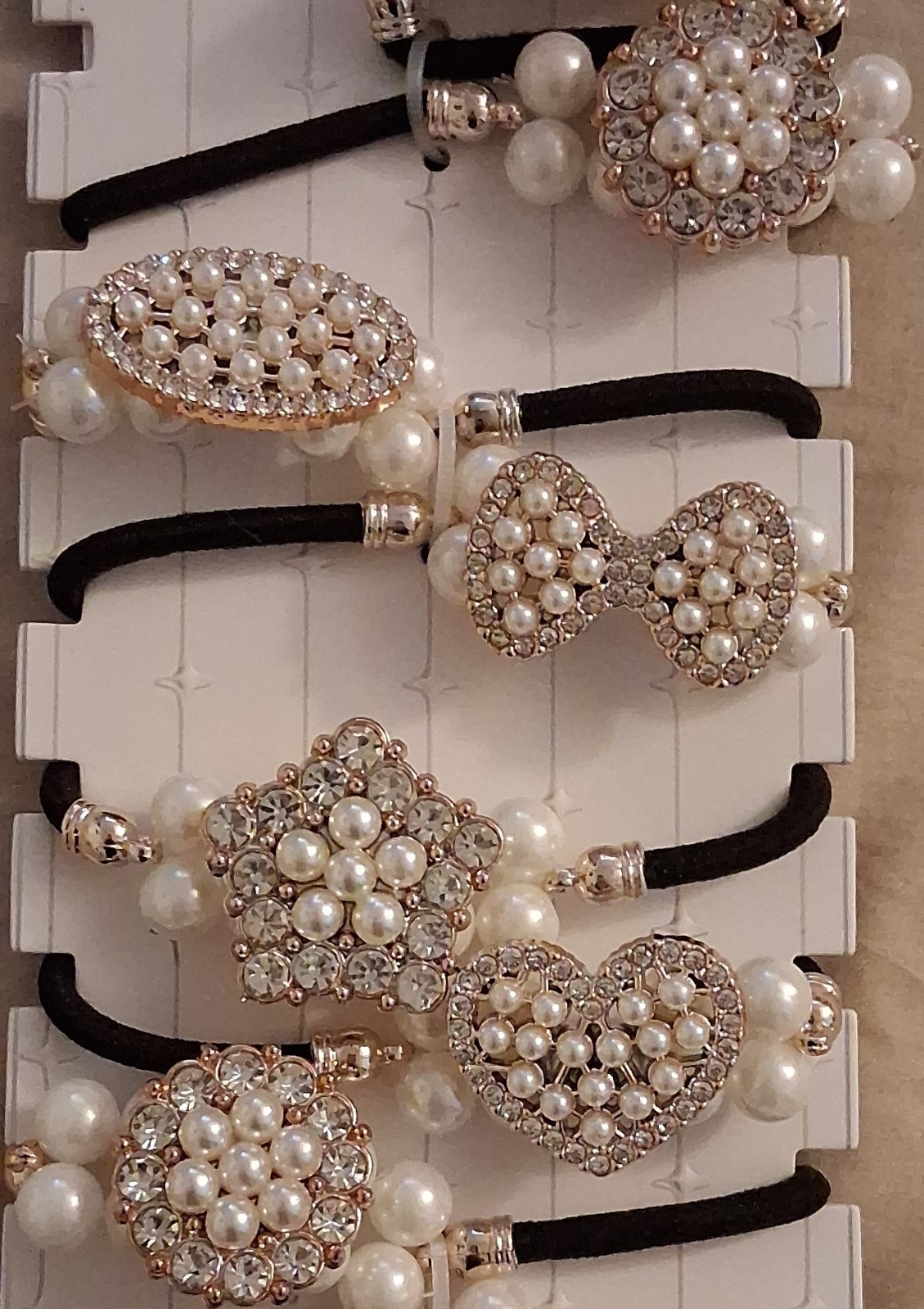 Women’s Black Stretch Hair Ties Faux Pearl & Rhinestone Bow, Gold/White