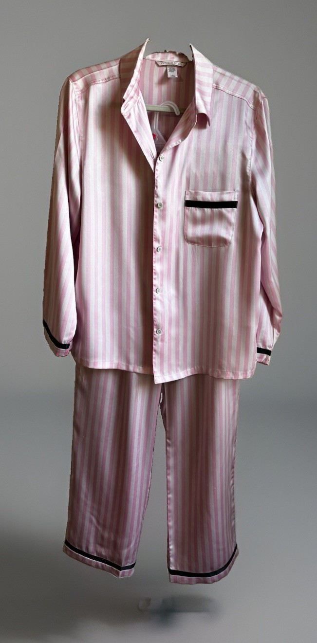 Victoria Secret Pink & White Signature Stripe Pajama Set Sz M-Smooth Satin Feel