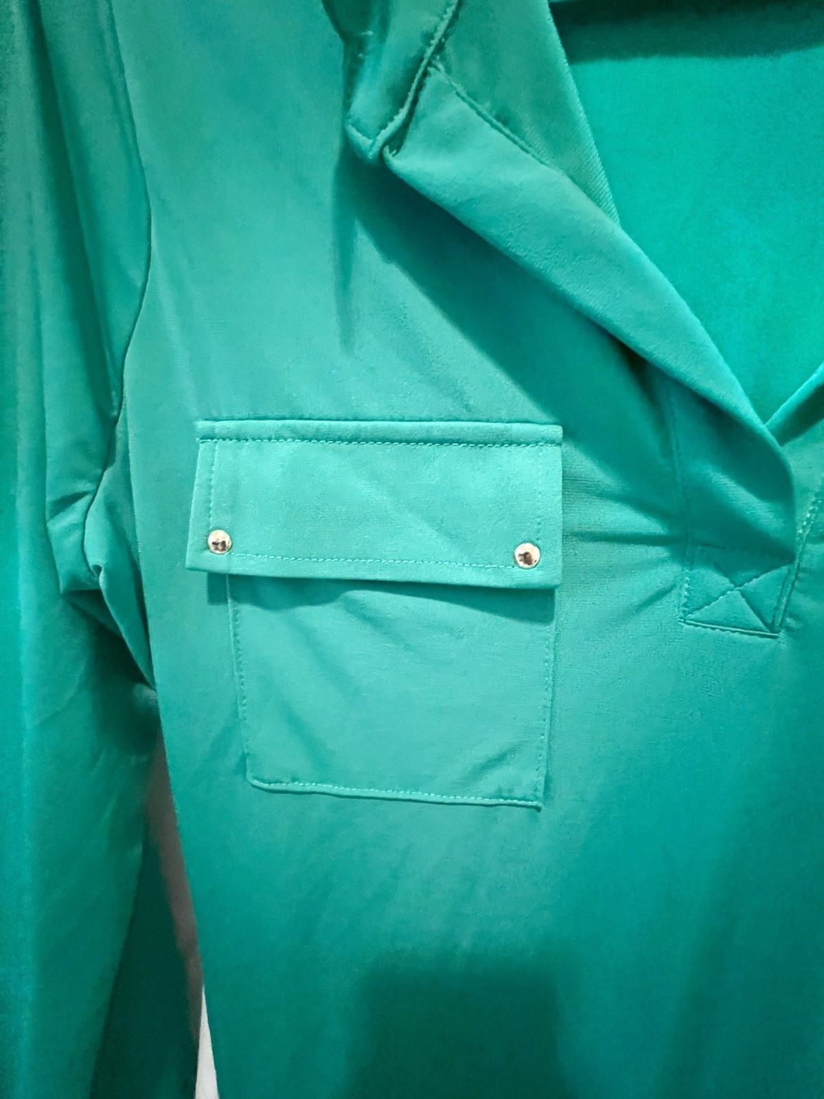 Always Indigo Women’s Green Solid Collared Pullover Blouse, XL Roll Tab Sleeve