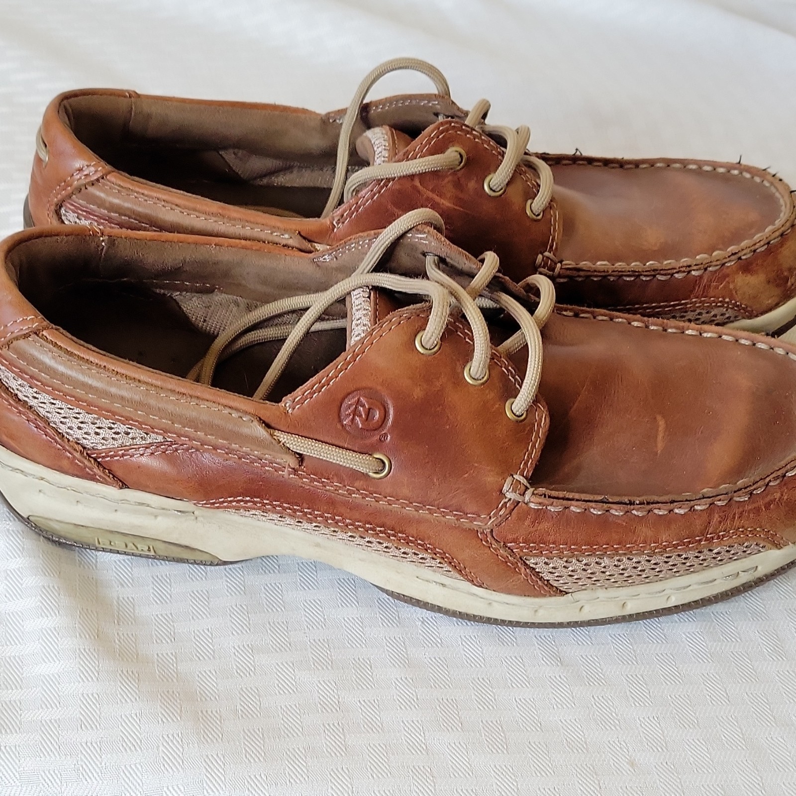Dunham Men’s Brown Leather Mesh Boat Shoes Lace Up US 6.5 EE Rubber Sole