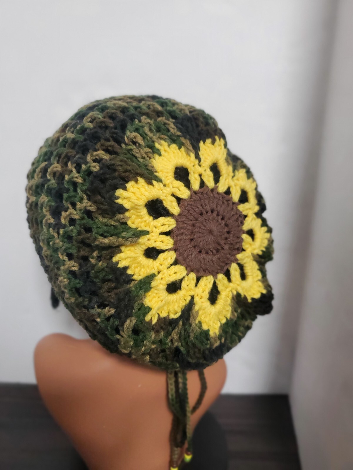 Camouflage Crochet Flower Tam Slouch Hat With Drawstring Handmade One Size