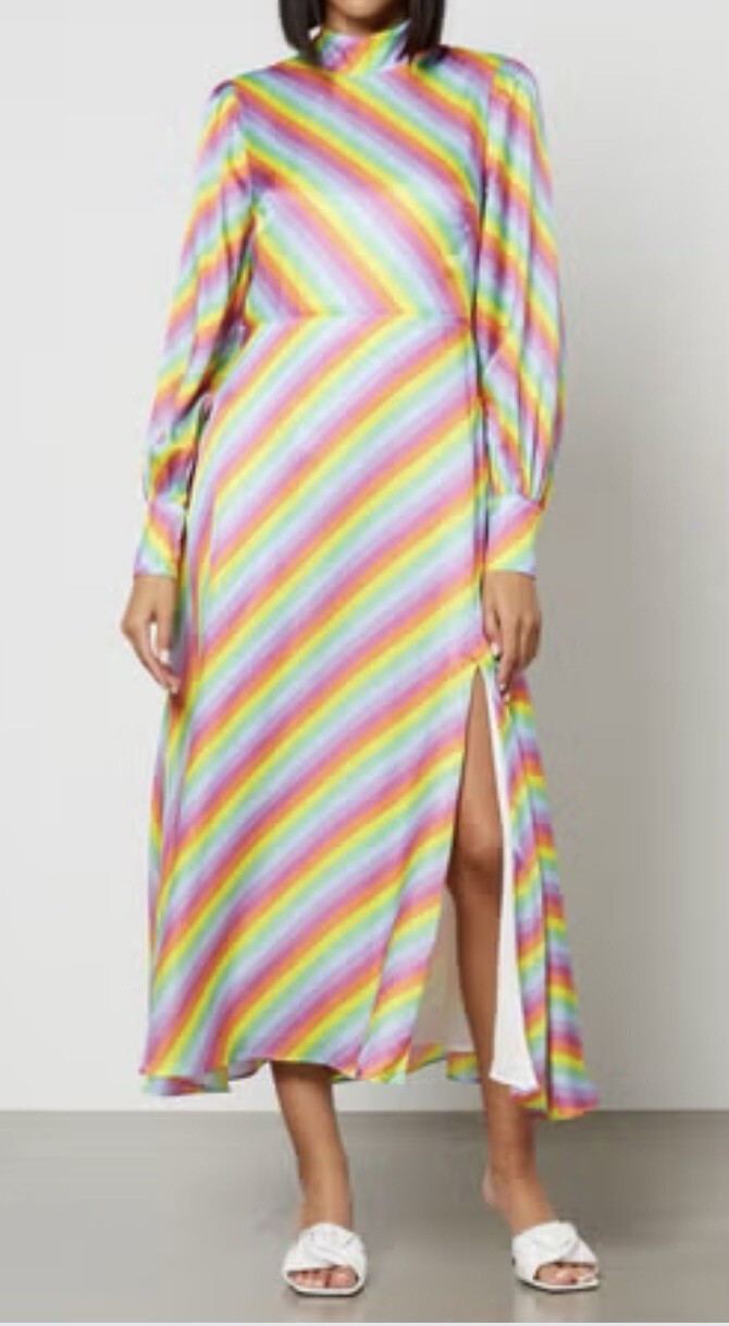 New Olivia Rubin Nessie Prism Stripe Silk Satin Print Midi Dress,UK 14